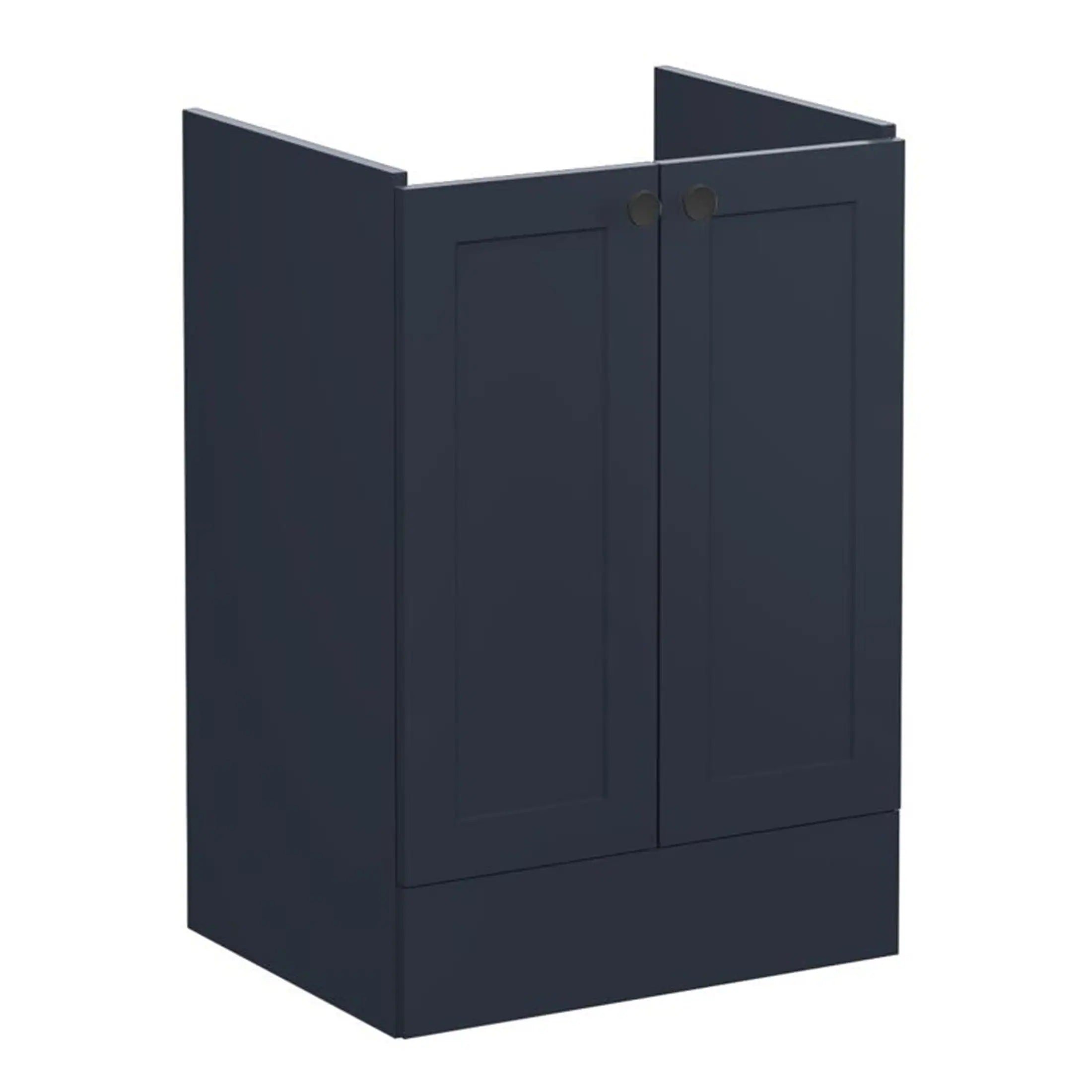 Sleek navy blue bathroom storage cabinet, modern design with closed doors for organising bathroom essentials, ideal for contemporary bathrooms.
