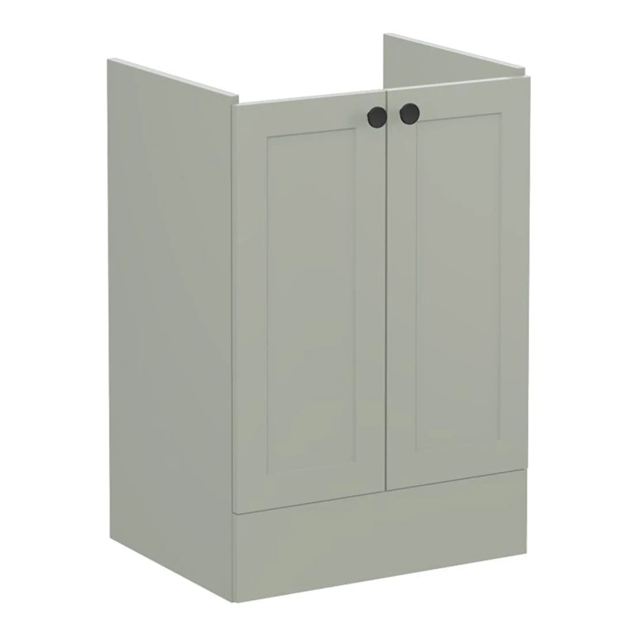 Modern grey bathroom storage cabinet with shaker-style doors, ideal for bathroom organization and convenience. Perfect for contemporary bathroom interiors.