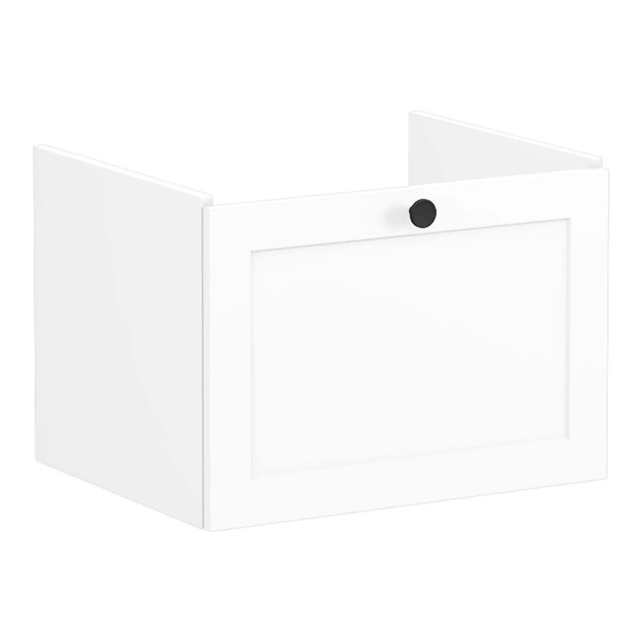 Slim white bathroom cabinet for storage with a modern, minimalist design, featuring a black magnetic catch handle, ideal for bathroom organisation and space-saving solutions.