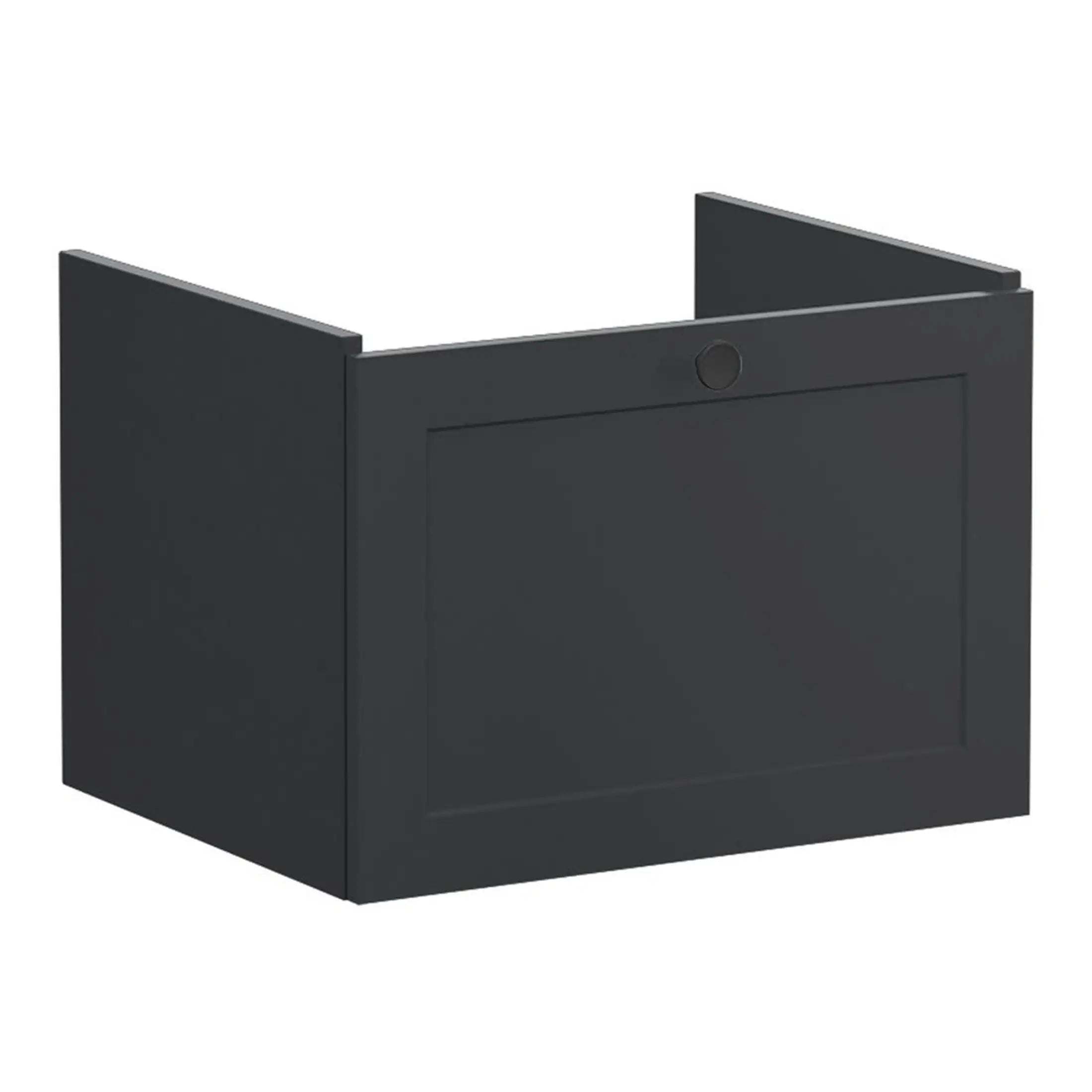 Stylish black bathroom cabinet with recessed panel door, ideal for modern bathrooms and storage solutions. Perfect for concealing plumbing or extra bathroom essentials.