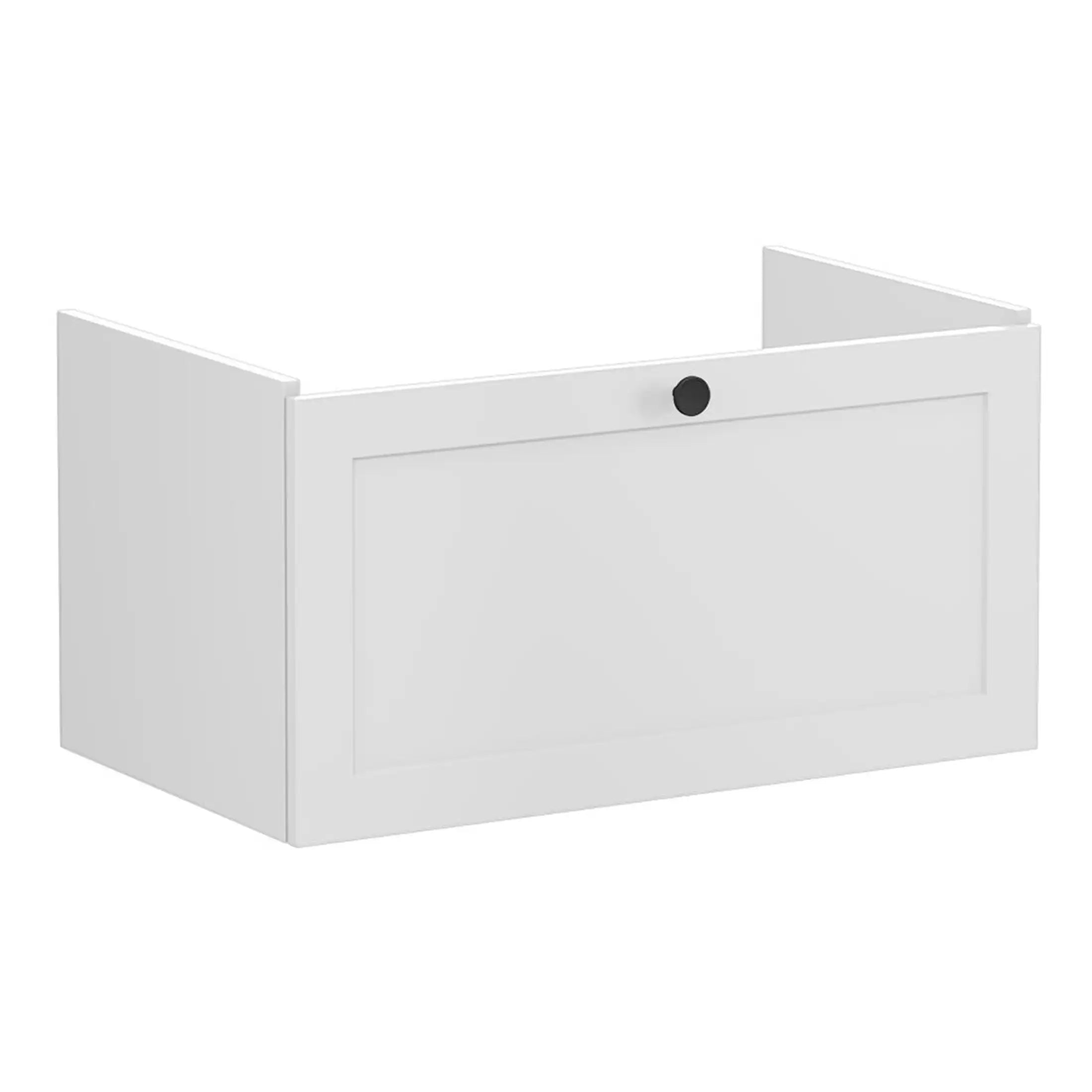 Sleek white bathroom drawer with black handle, modern and minimalist design from Bubly Bathrooms. Perfect for organised bathroom storage and contemporary decor.