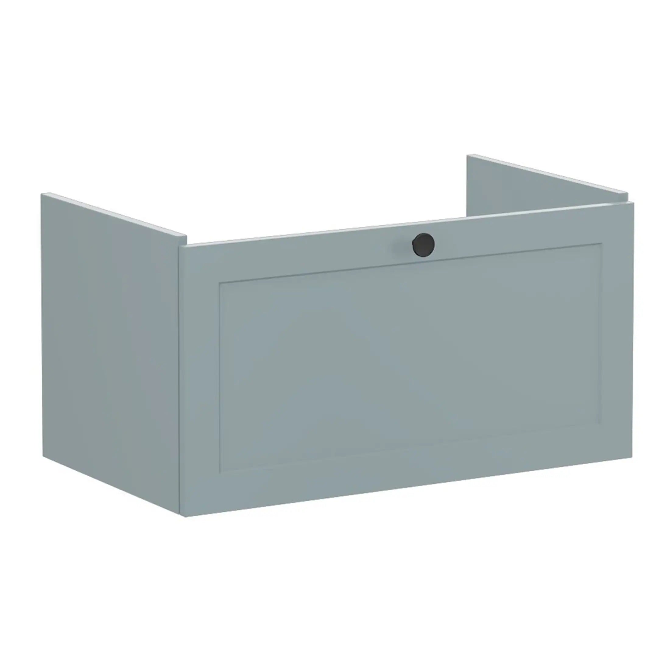 Light grey bathroom wall cabinet with a simple rectangular design and a concealed handle, perfect for bathroom storage and organisation. Featuring a matte finish and a small circular hole for handle-less opening.