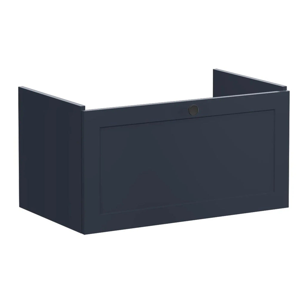 Contemporary navy blue bathroom wall cabinet with a sleek, minimalist design and hidden handle for modern bathroom storage solutions. Perfect for organising toiletries and accessories.