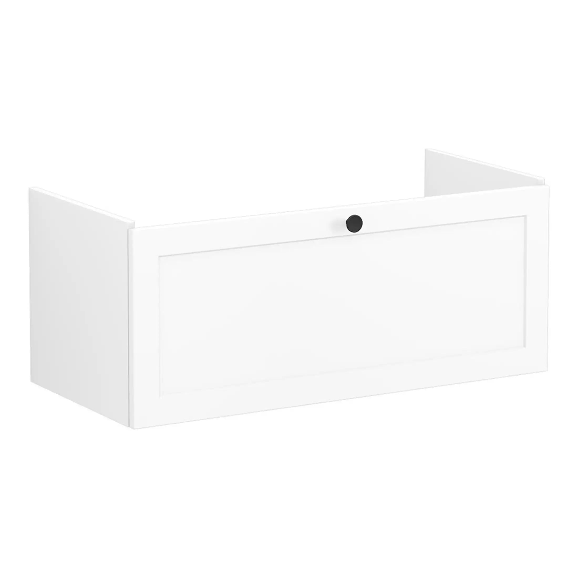 Satin white bathroom wall cabinet with black circular handle, ideal for modern bathroom storage solutions.