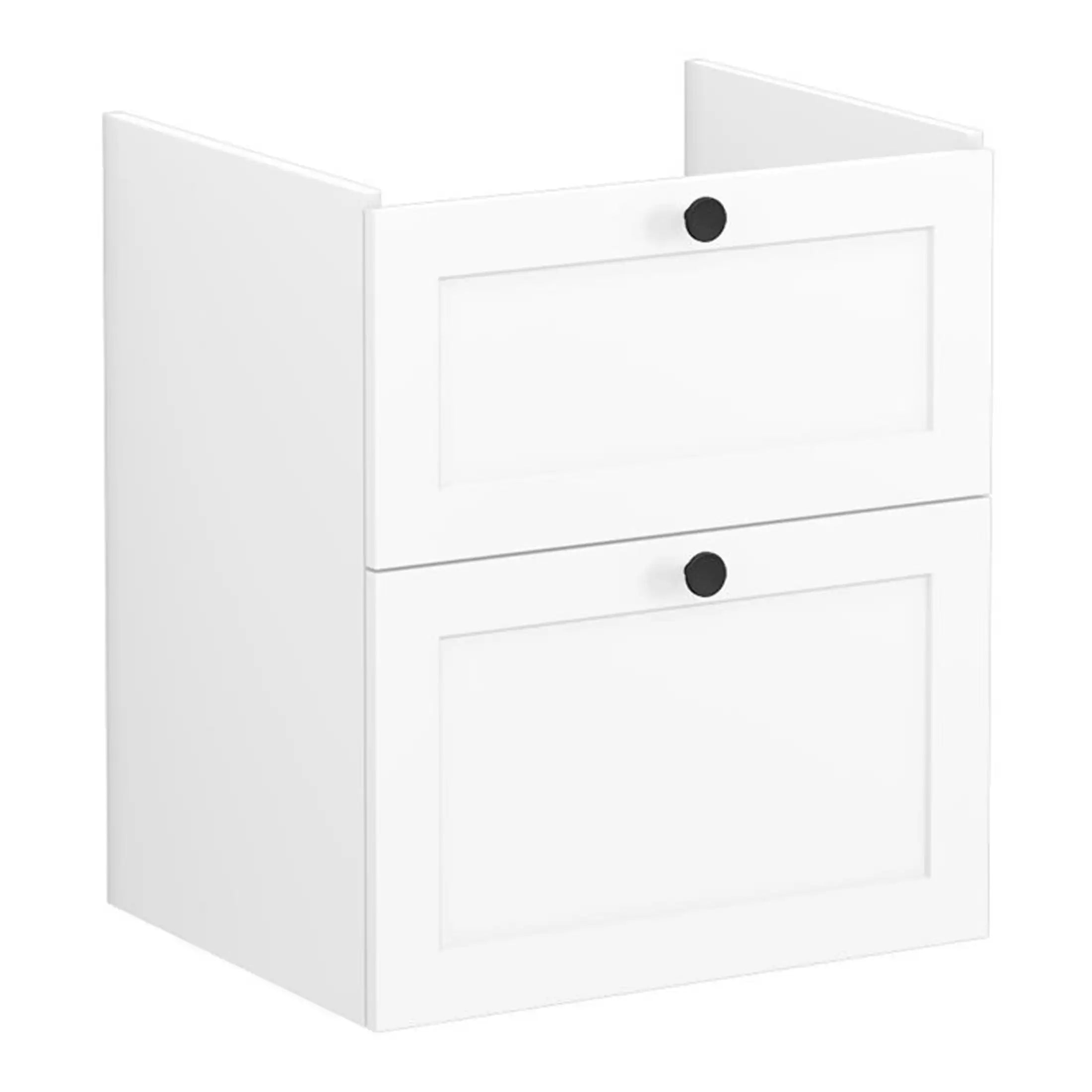 Modern white bathroom wall cabinet with two doors and black knobs, ideal for bathroom storage and organisation. Sleek, space-saving design perfect for contemporary bathrooms.