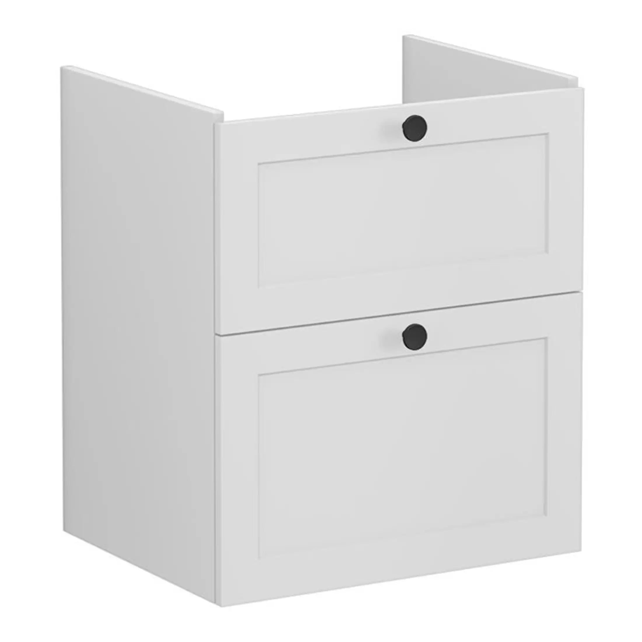Modern white bathroom vanity cabinet with closed storage, sleek minimalist design for contemporary bathrooms, ideal for bathroom organisation, durable finish.