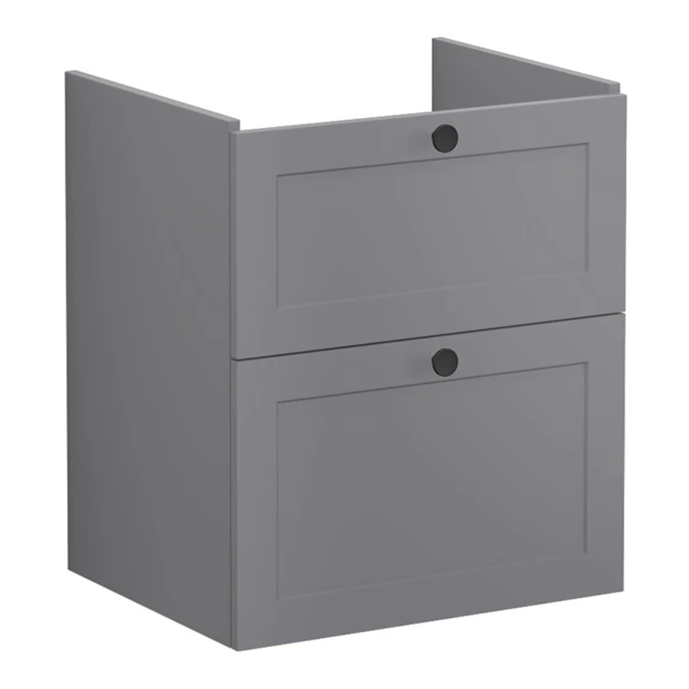 Modern grey bathroom wall cabinet with two doors and circular handles, ideal for storage in contemporary bathrooms. Durable and sleek design by Bubly Bathrooms.