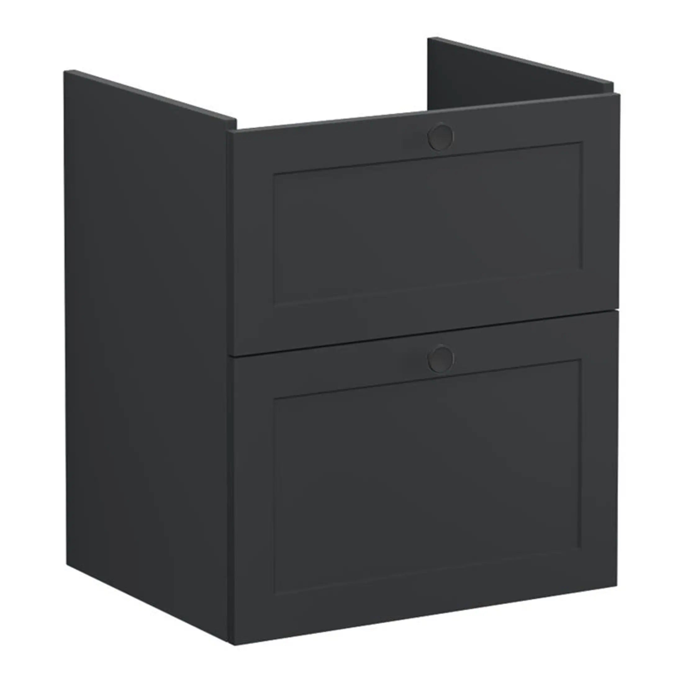 Modern black double bathroom cabinet with sleek design, ideal for bathroom storage and organisation, branded by Bubly Bathrooms.