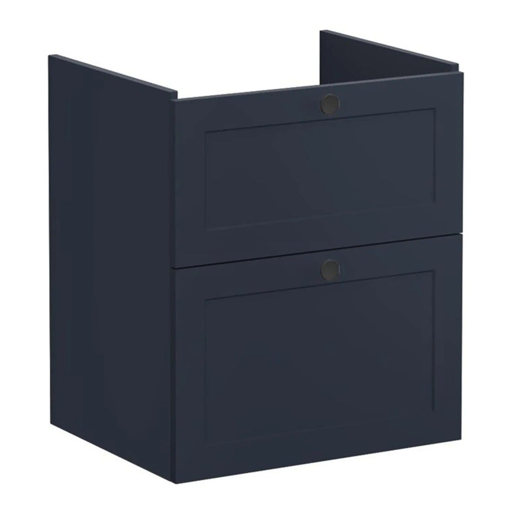 Modern navy blue bathroom cabinet with two drawers, ideal for stylish bathroom storage solutions. Featuring sleek design and convenient storage space for bathroom essentials.