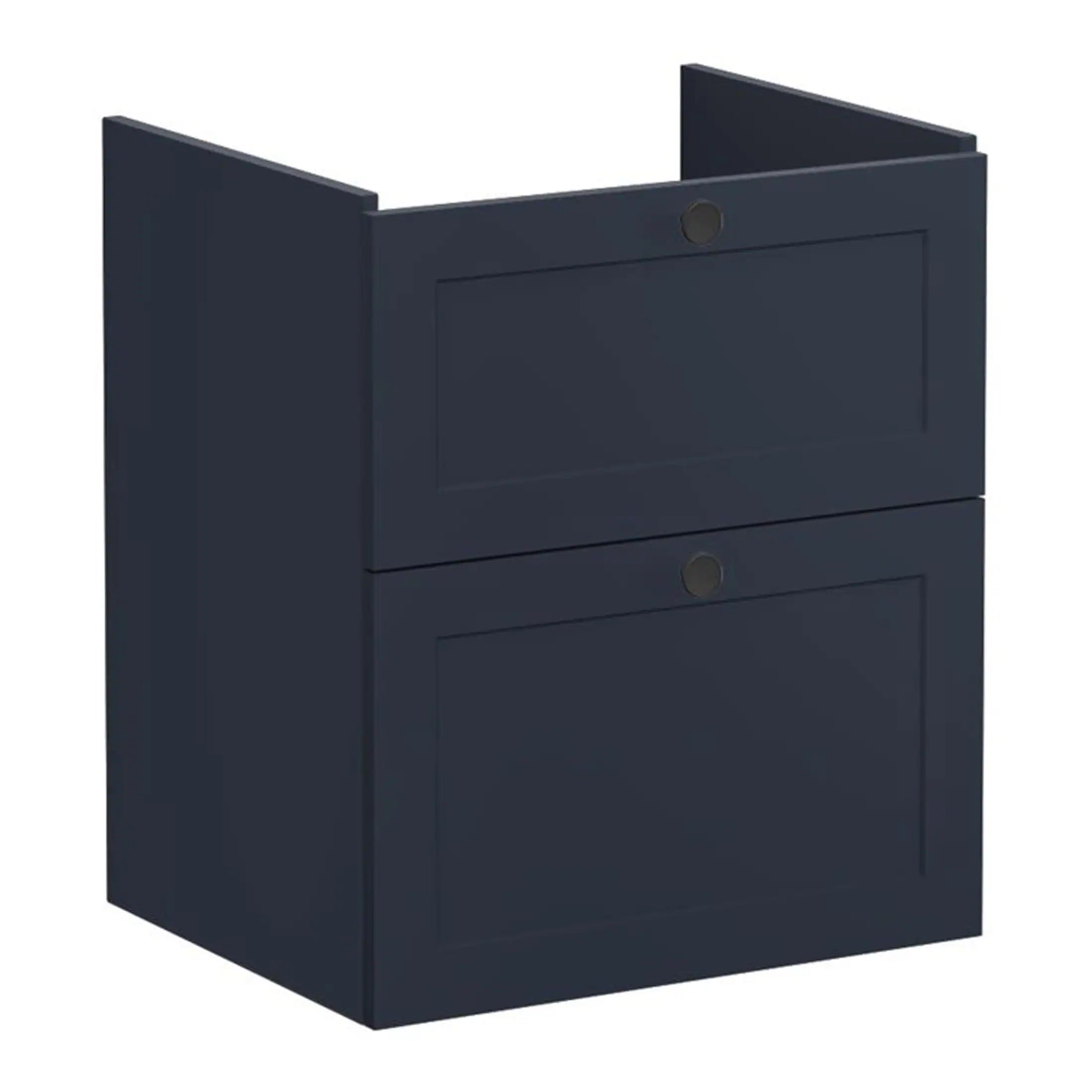 Modern navy blue bathroom cabinet with two drawers, ideal for stylish bathroom storage solutions. Featuring sleek design and convenient storage space for bathroom essentials.