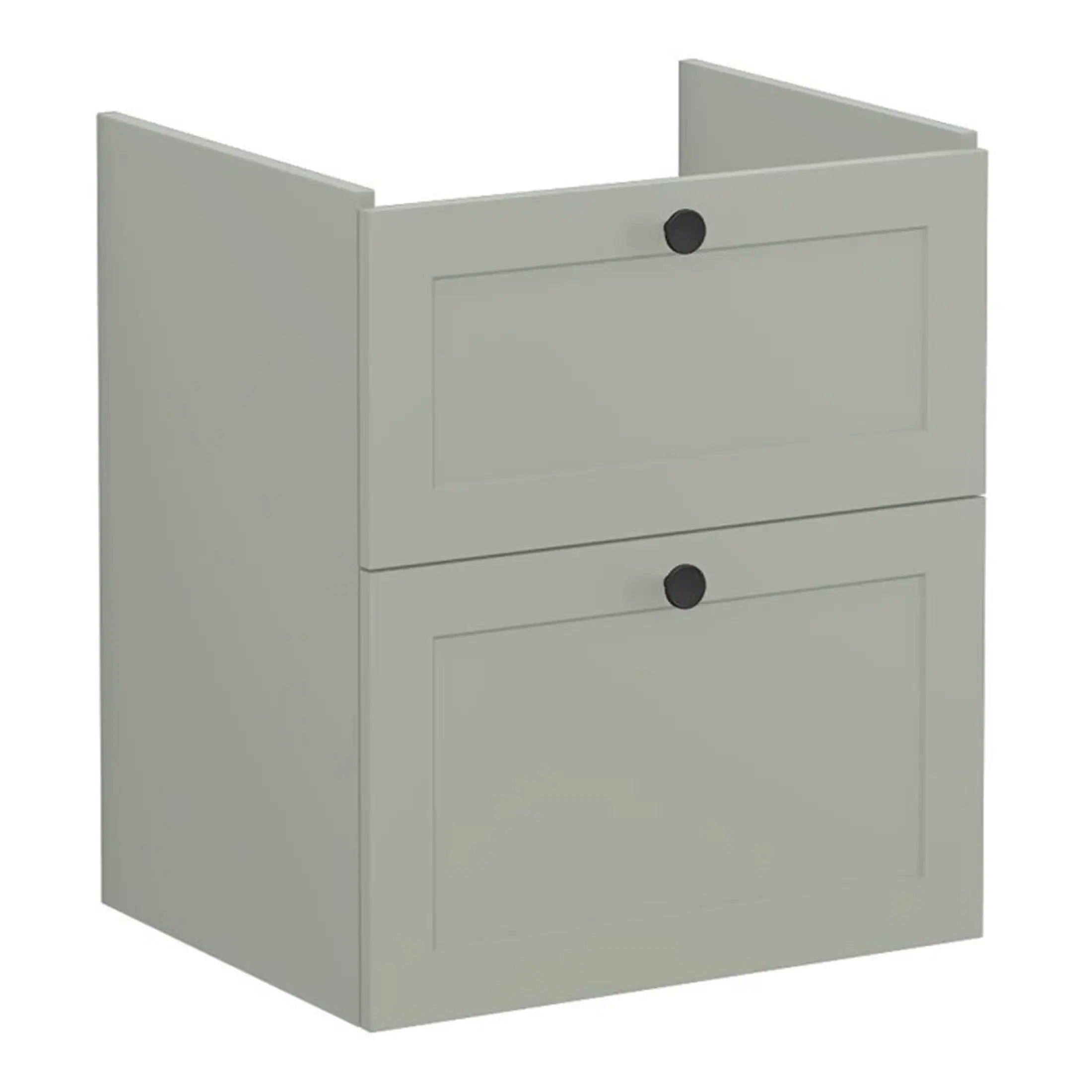 Contemporary grey bathroom cabinet with twin drawers, ideal for bathroom storage and organisation. Slimline design with minimalist black knobs for a sleek, modern look. Perfect for creating a stylish bathroom space.