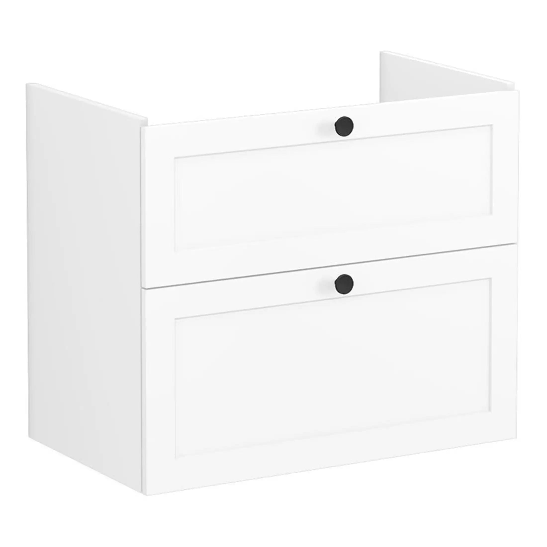 White bathroom wall cabinet with two drawers for storage, sleek design, and modern handleless look, ideal for enhancing bathroom organisation and decor.