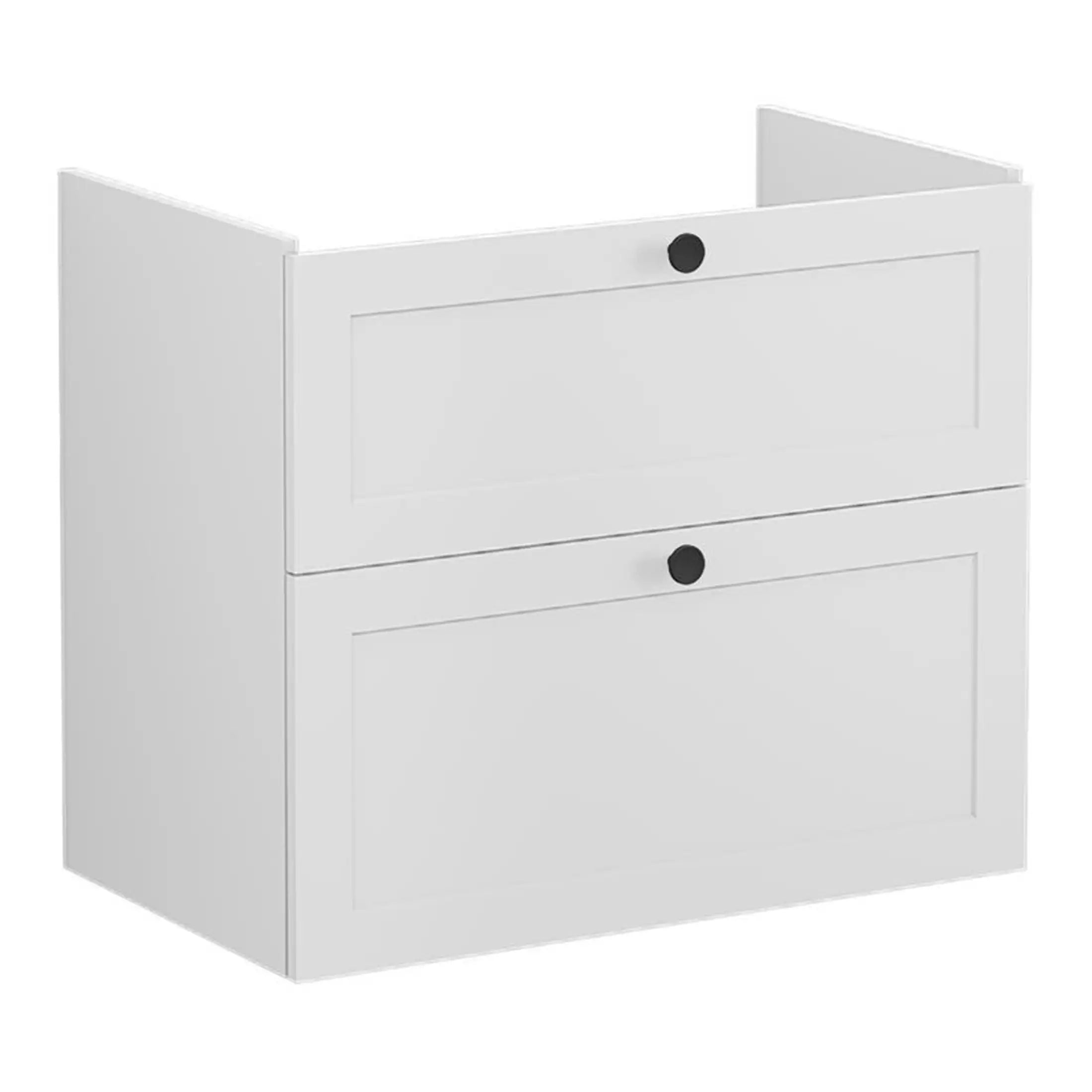 White bathroom cabinet with two drawers, modern storage solution for bathrooms. Ideal for organising toiletries and bathroom essentials in a sleek, minimalist design. Perfect for contemporary bathroom decor.