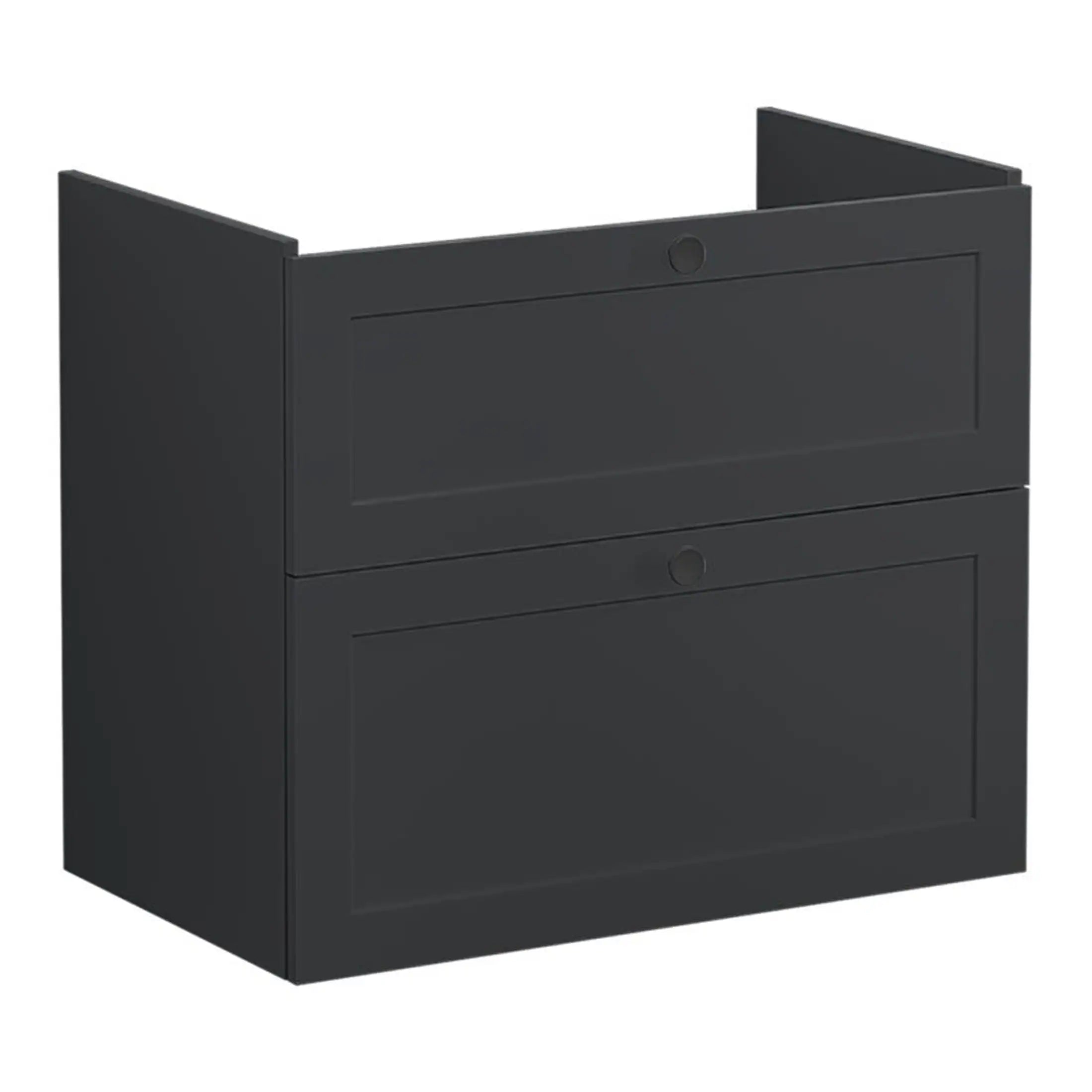 Sleek black bathroom vanity unit with two drawers, modern storage solution for contemporary bathrooms. Perfect for organising toiletries and enhancing bathroom interior design.