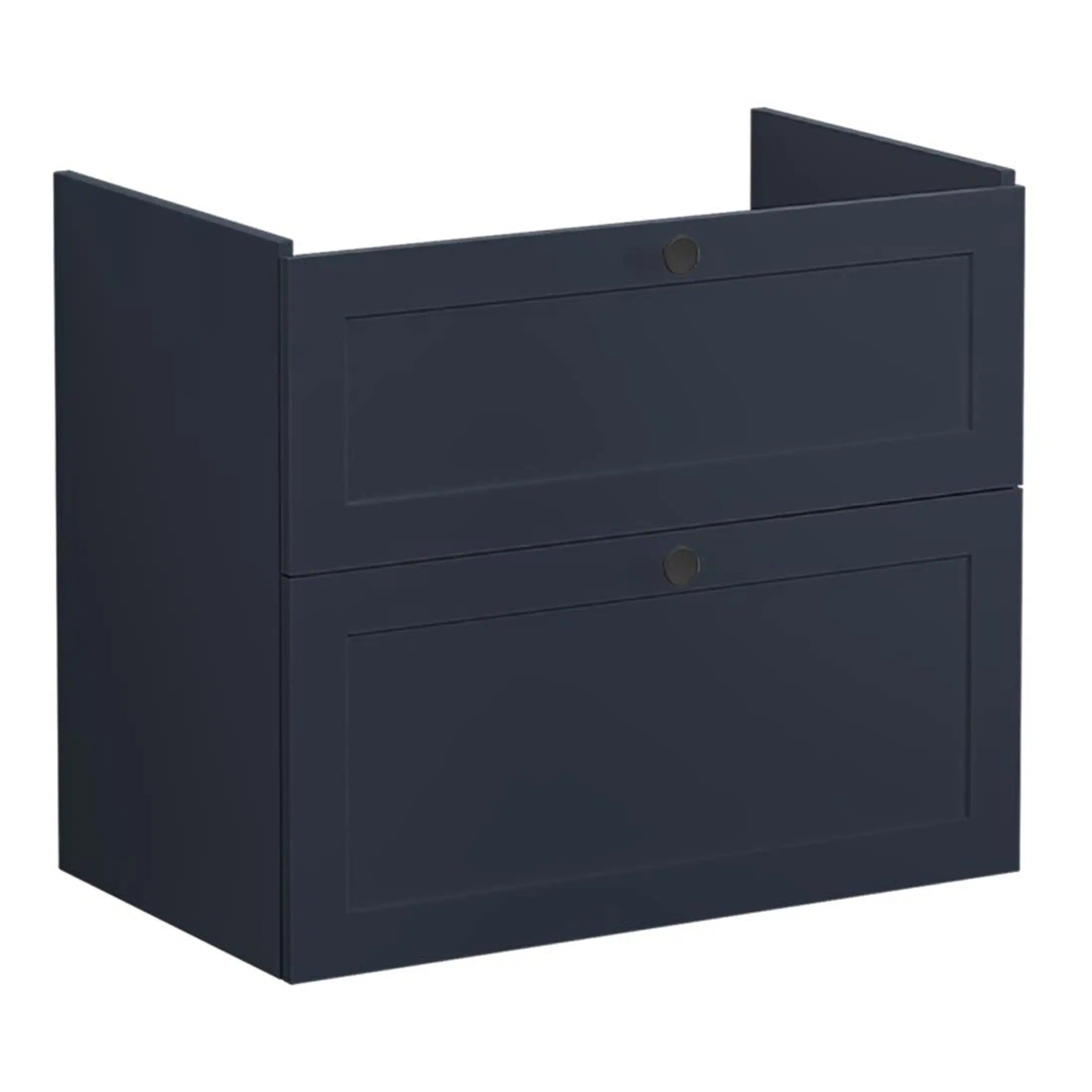 Dark blue modern bathroom cabinet with two drawers, ideal for bathroom storage solutions. Sleek design suitable for contemporary bathrooms to organise essentials efficiently.