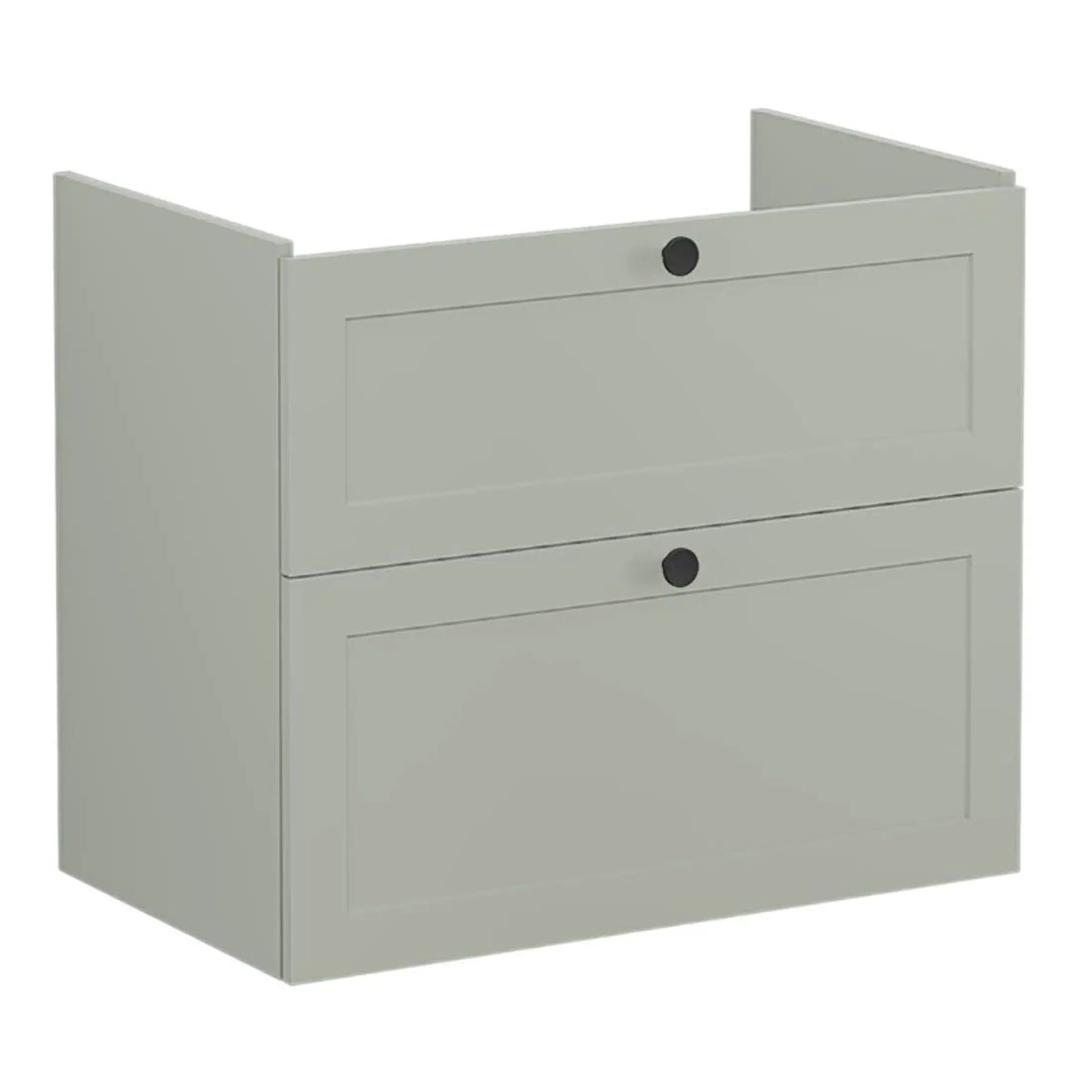 Modern grey bathroom cabinet with double drawers, minimalist design, suitable for contemporary bathroom storage solutions.