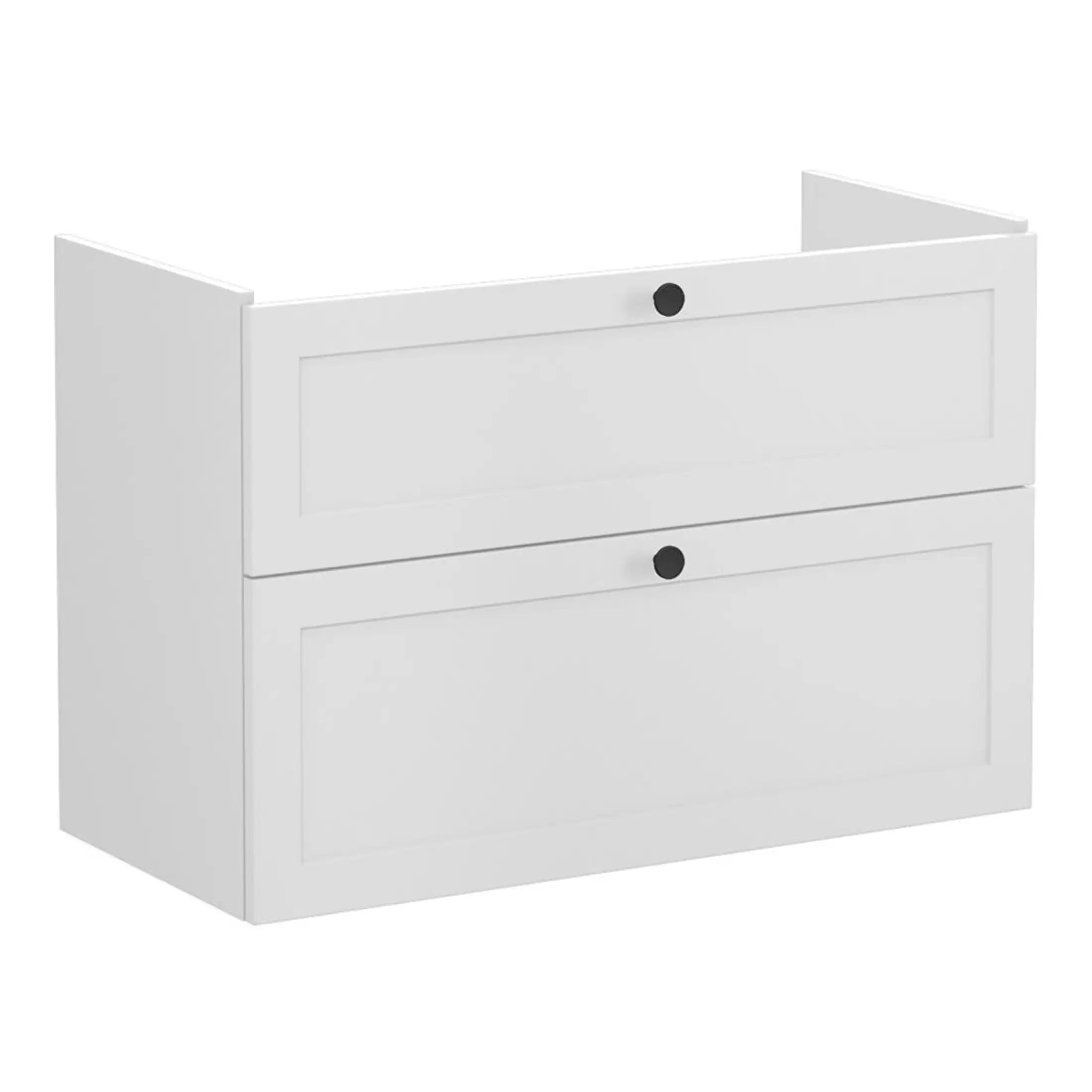 White bathroom vanity cabinet with two drawers and black round handles, ideal for modern bathroom storage solutions. Durable, stylish, and functional design for enhanced bathroom organisation.