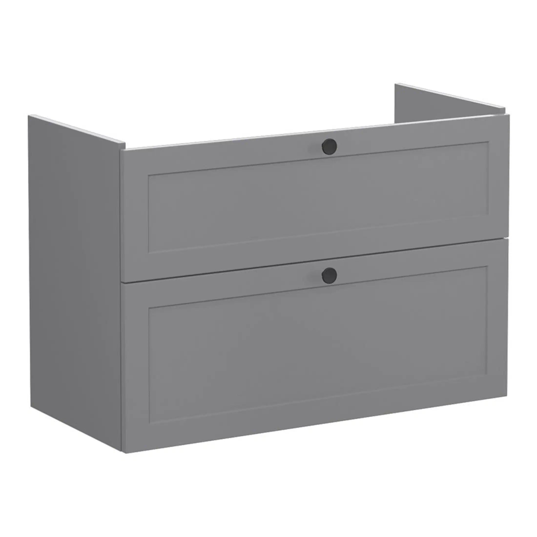 Modern grey bathroom vanity unit with two drawers and black knobs, designed for stylish bathroom storage solutions. Ideal for contemporary bathroom decor, combining functionality with sleek, minimalist design.