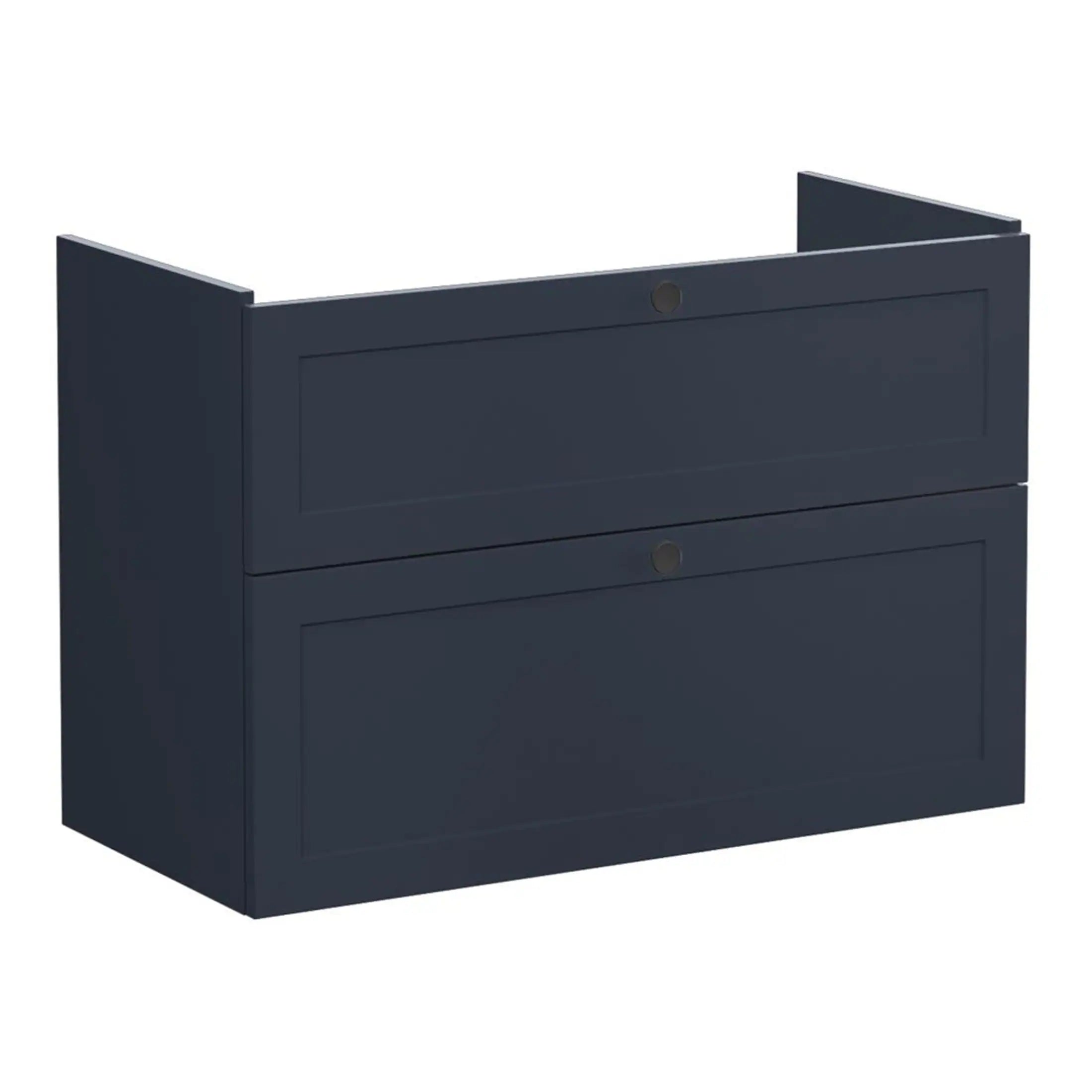 Contemporary navy blue bathroom vanity with two drawers, ideal for modern bathroom storage solutions. Crafted with sleek lines and durable materials for a minimalist look.