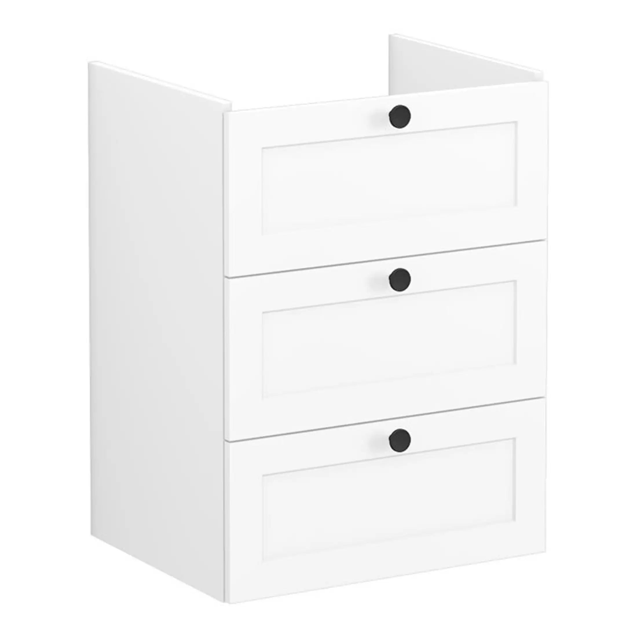 White bathroom storage cabinet with three drawers, modern design, and black circular handles, ideal for organising bathroom essentials and enhancing space.
