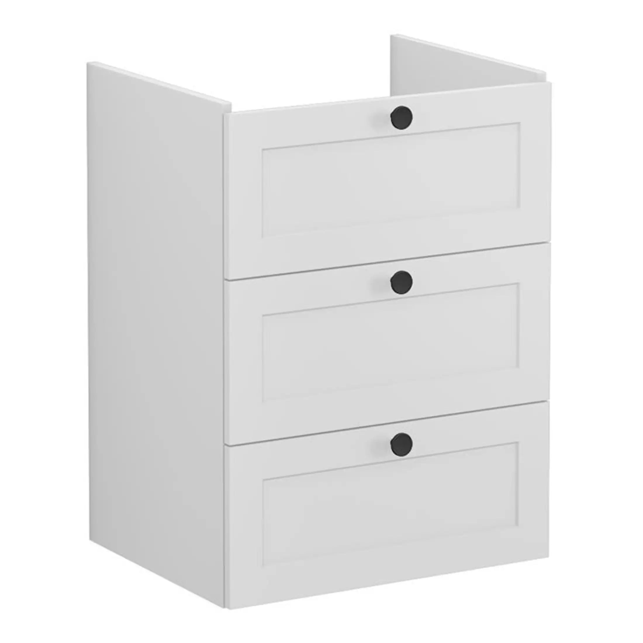 White bathroom storage cabinet with three drawers, modern design, ideal for organising toiletries and essentials in a bathroom or vanity area.