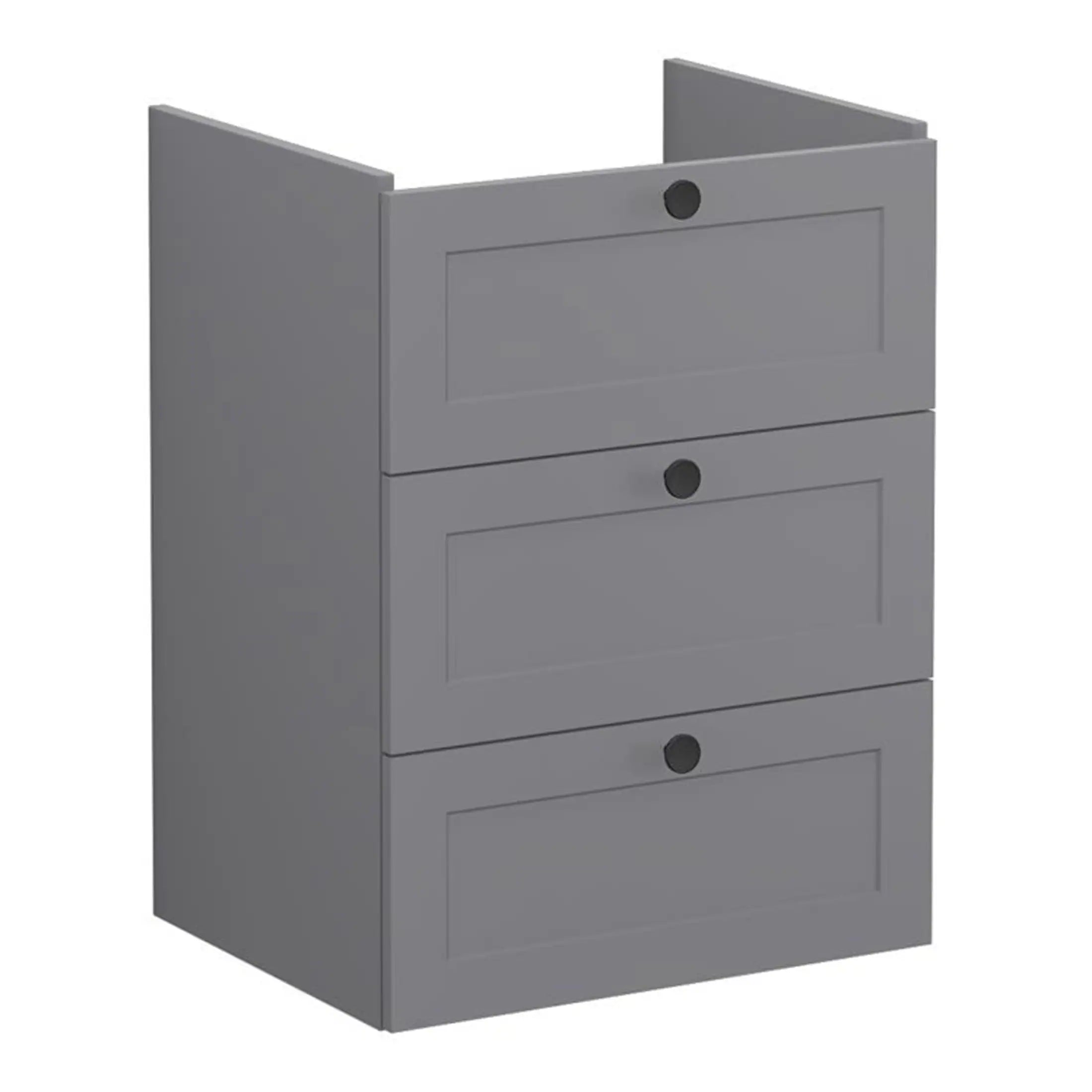 Grey bathroom wall cabinet with three drawers, modern storage solution for bathroom organisation. Compact design ideal for small bathrooms or for adding extra storage space. Perfect for bathroom decor.