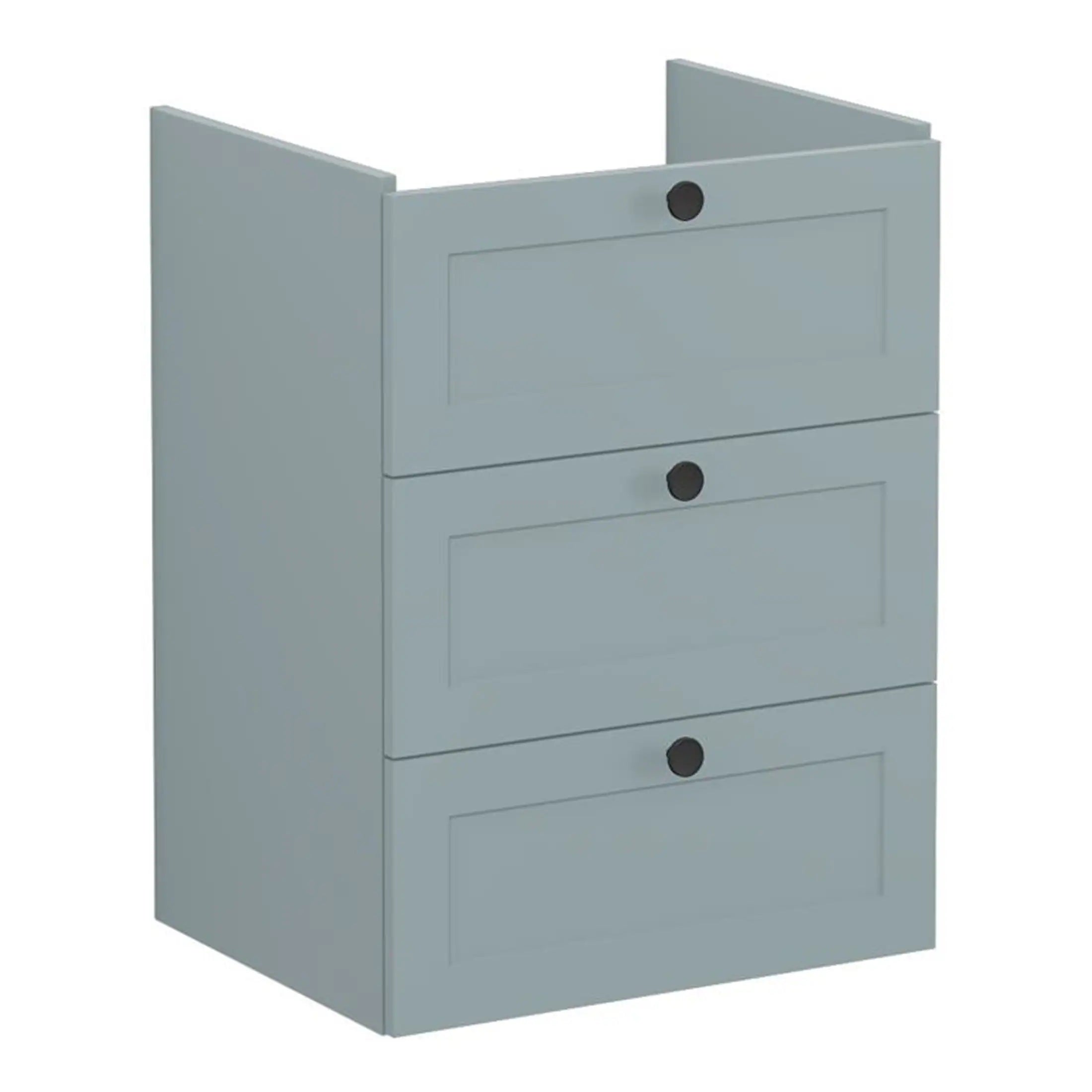 Sleek grey bathroom storage cabinet with three spacious drawers, ideal for modern bathrooms and organised bathroom essentials, designed by Bubly Bathrooms.
