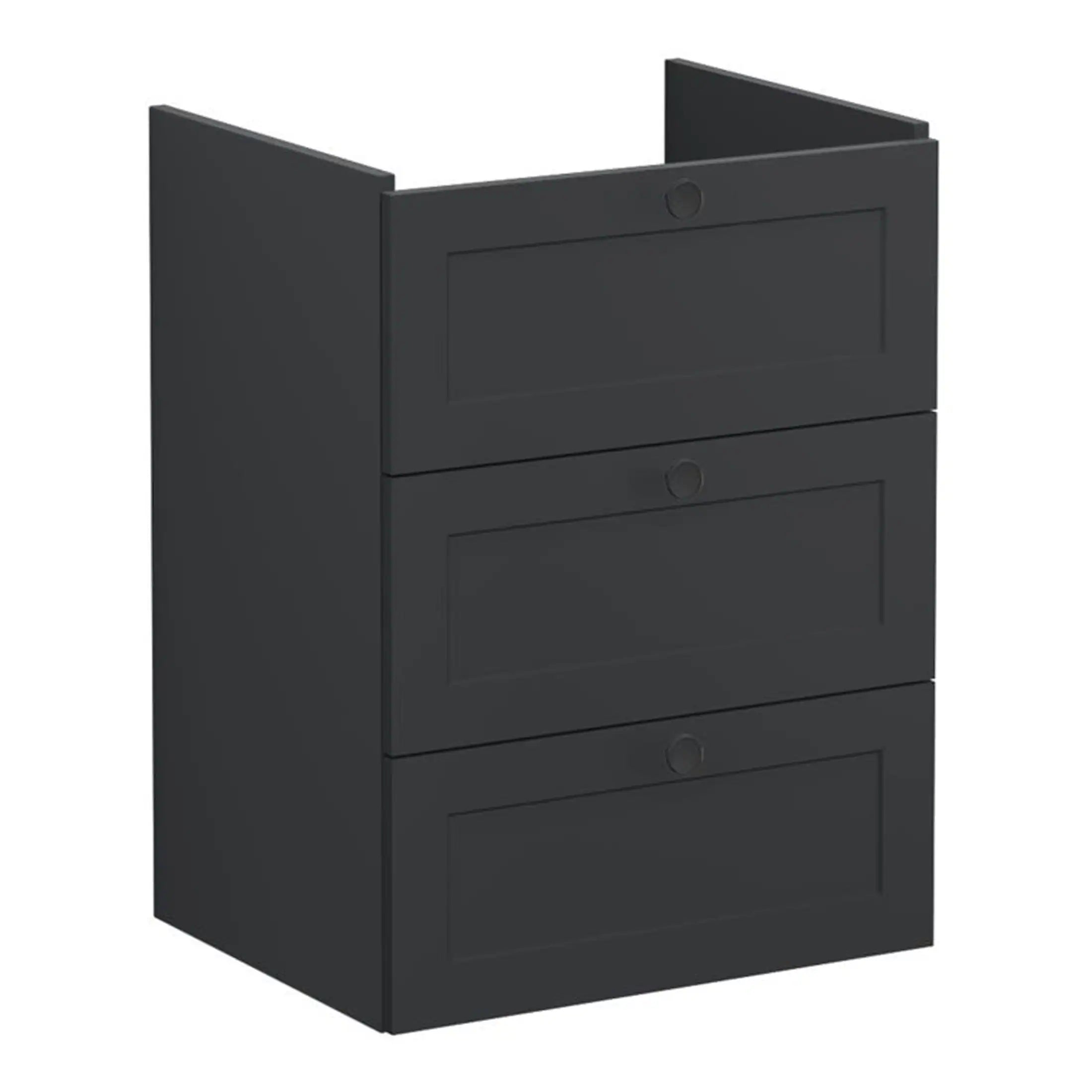 Modern black bathroom cabinet with three drawers for stylish storage solutions, ideal for contemporary bathroom interiors.