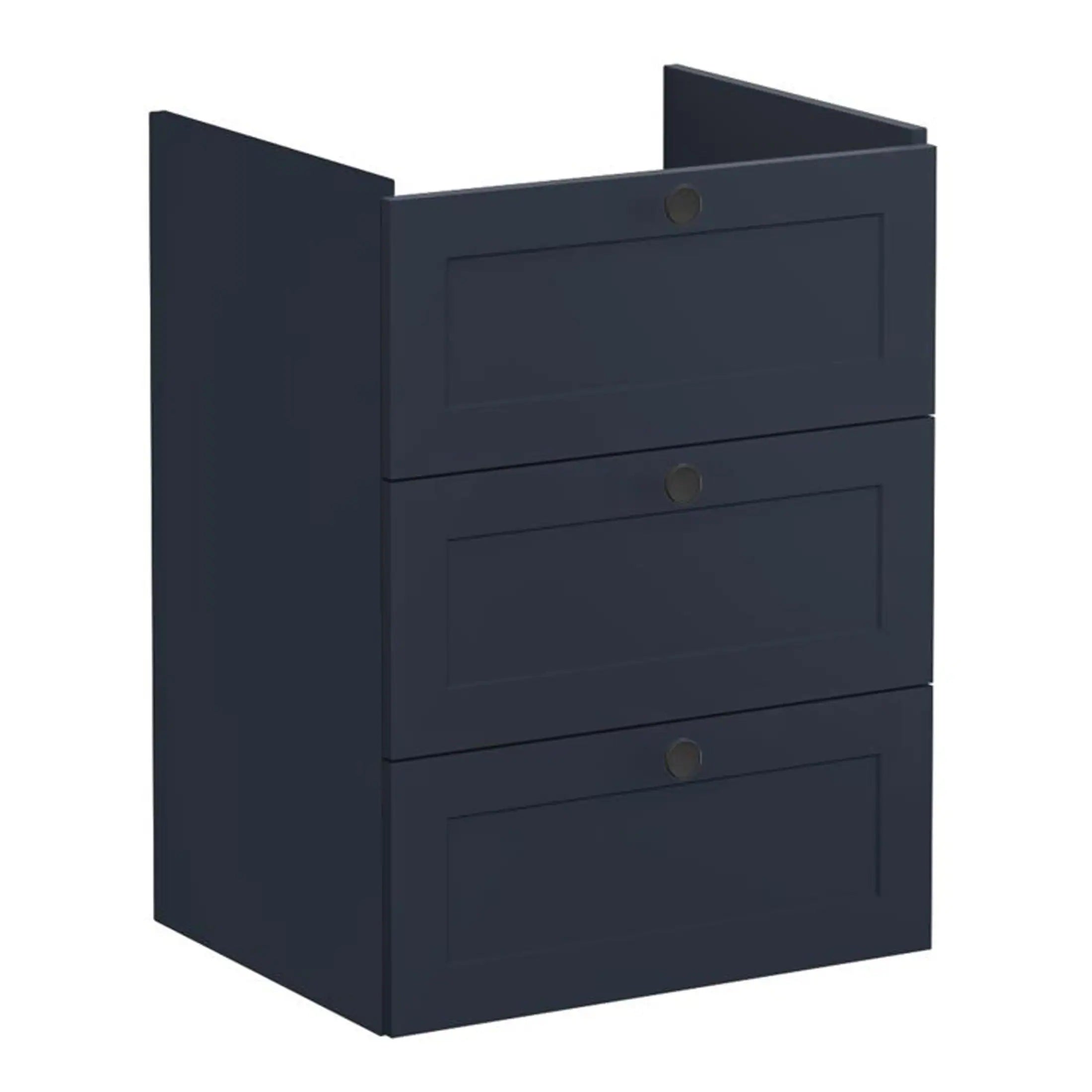 Stylish navy blue bathroom vanity cabinet with four drawers, ideal for modern bathroom storage solutions and decoration. Perfect for creating a sleek and functional bathroom space.