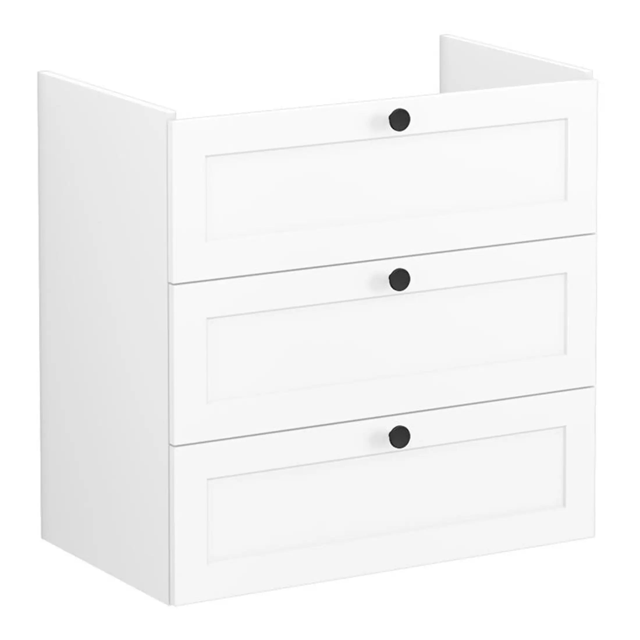 White bathroom cabinet with drawers, modern design, ideal for bathroom storage solutions, from Bubly Bathrooms UK. Perfect for organising toiletries and essentials efficiently.
