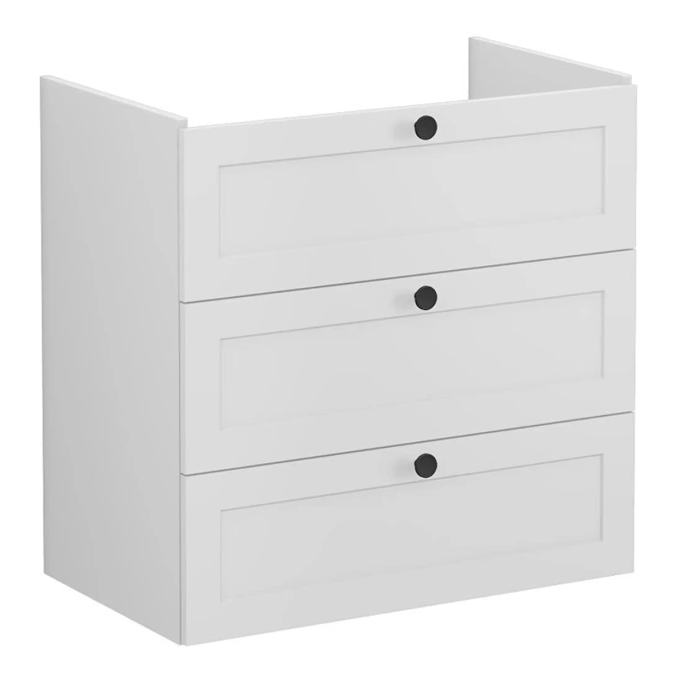 White modern bathroom cabinet with four drawers and black circular handles, ideal for bathroom storage and organisation, made of durable materials in a sleek design.