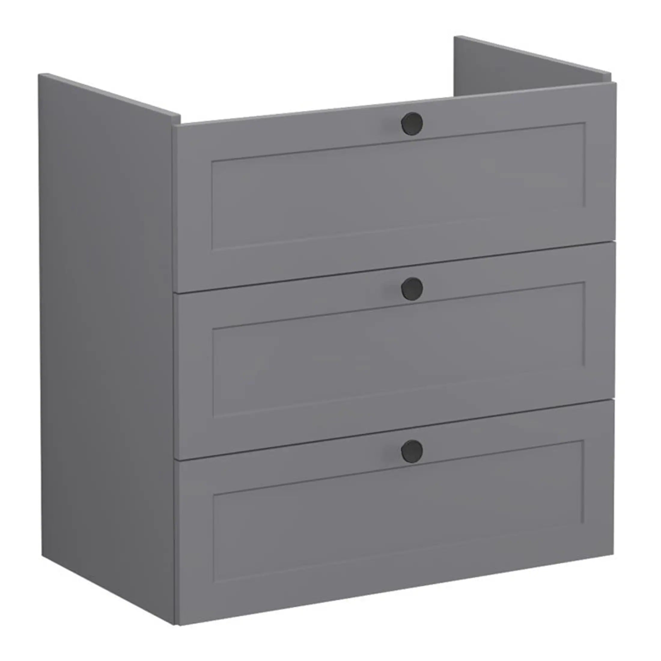 Grey bathroom storage cabinet with three drawers and circular cutout handles, ideal for modern bathroom organisation and space-saving solutions.