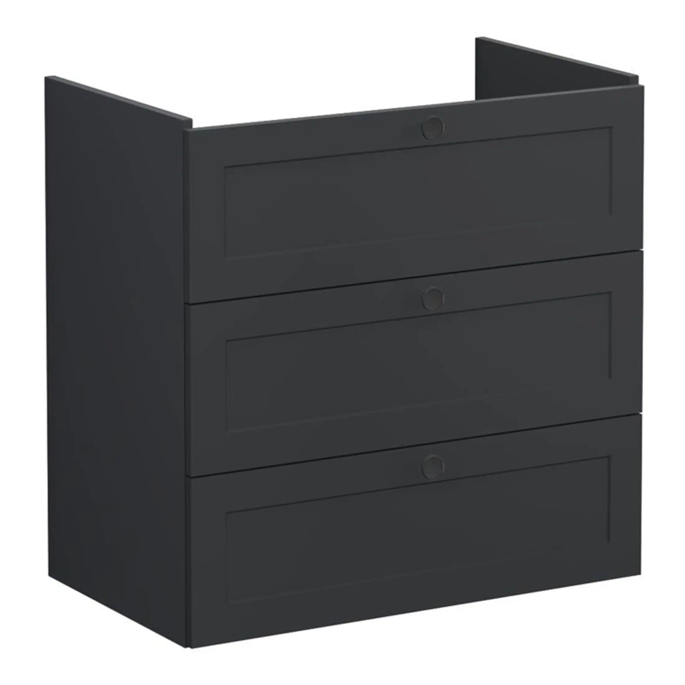 Sleek black bathroom cabinet with three drawers, modern storage solution for organised bathrooms, perfect for holding toiletries and accessories, stylish design by Bubly Bathrooms.