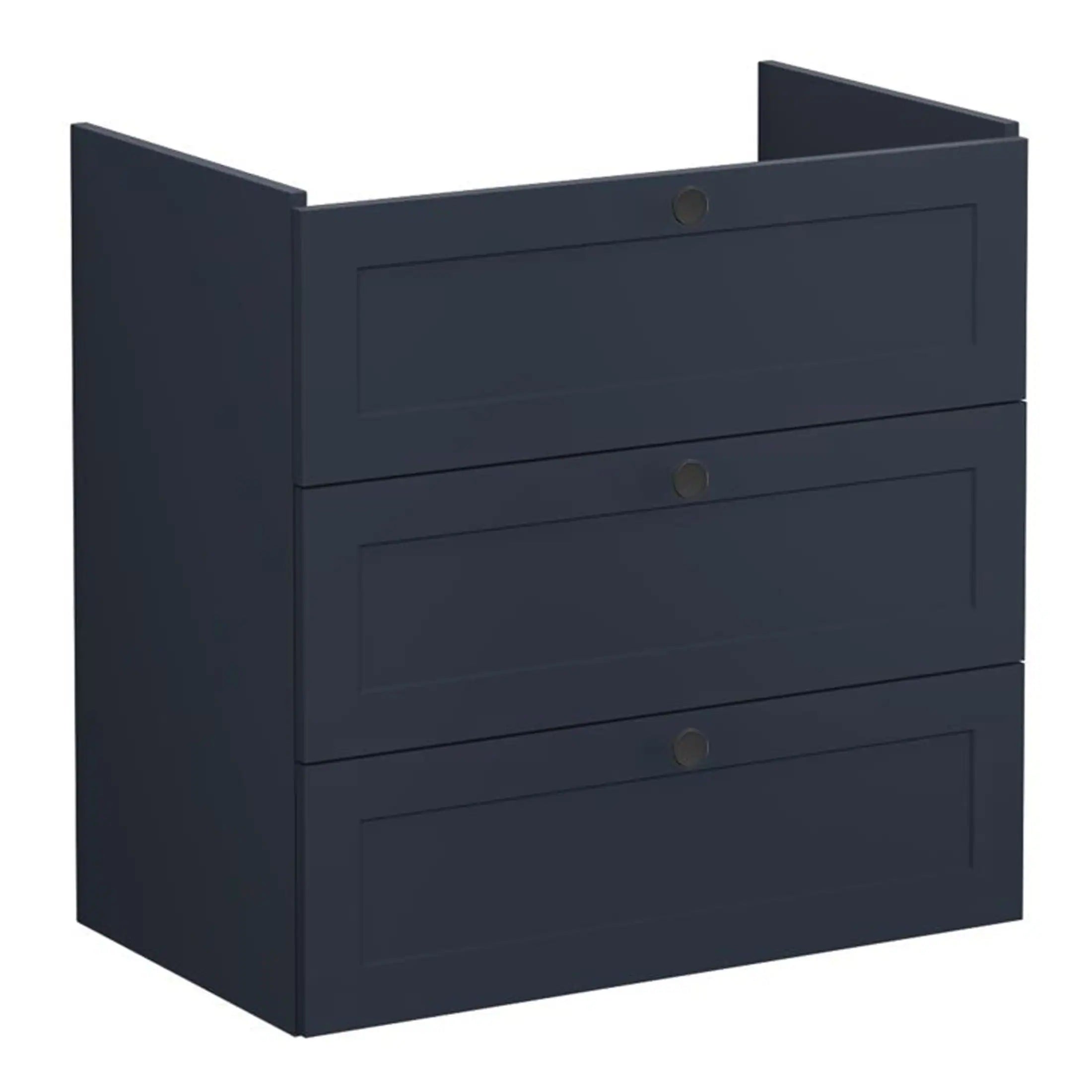 Dark blue bathroom drawer unit with three spacious drawers and a modern, minimalist design for stylish bathroom storage solutions.