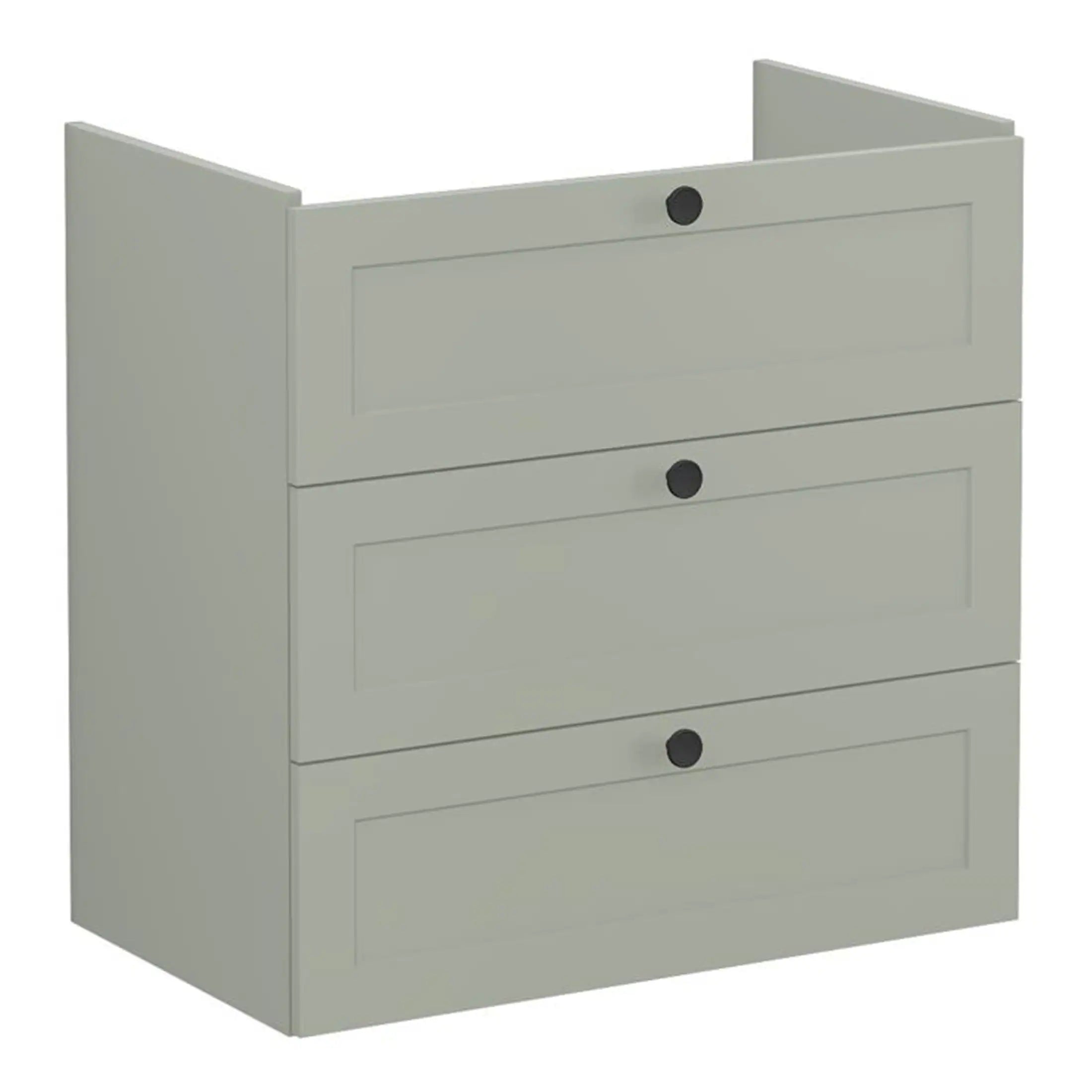 3 drawer bathroom cabinet, grey bathroom storage unit with black knobs, modern bathroom furniture for organisation, Bubly Bathrooms.