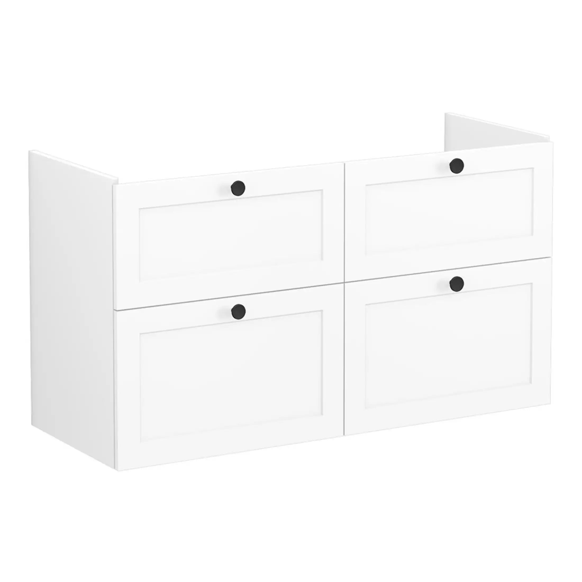 Modern white bathroom storage cabinet with four drawers, minimalist design, and black round knobs, ideal for organising bathroom essentials.