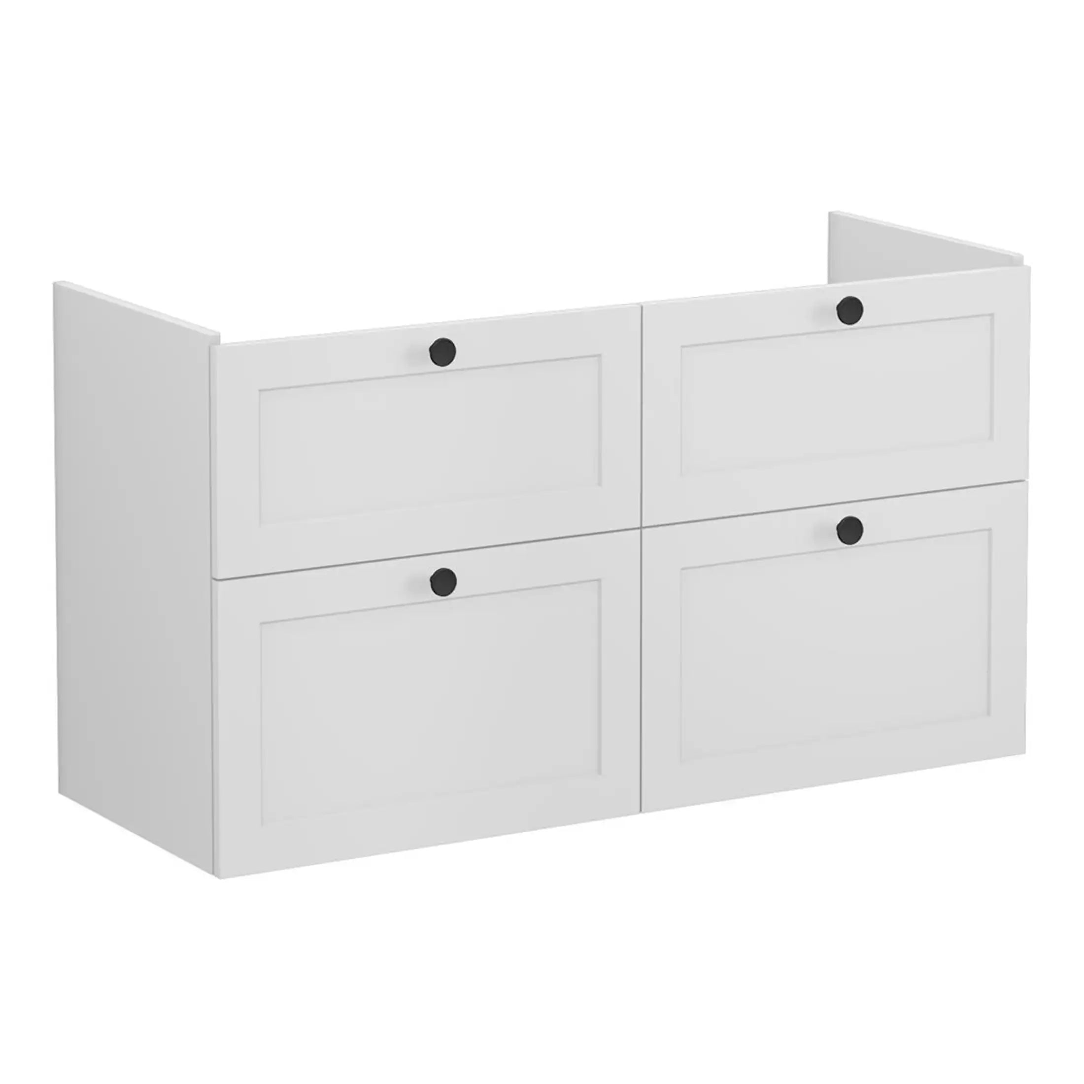 Stylish white bathroom vanity cabinet with four drawers and black round knobs, perfect for modern bathrooms and storage solutions.