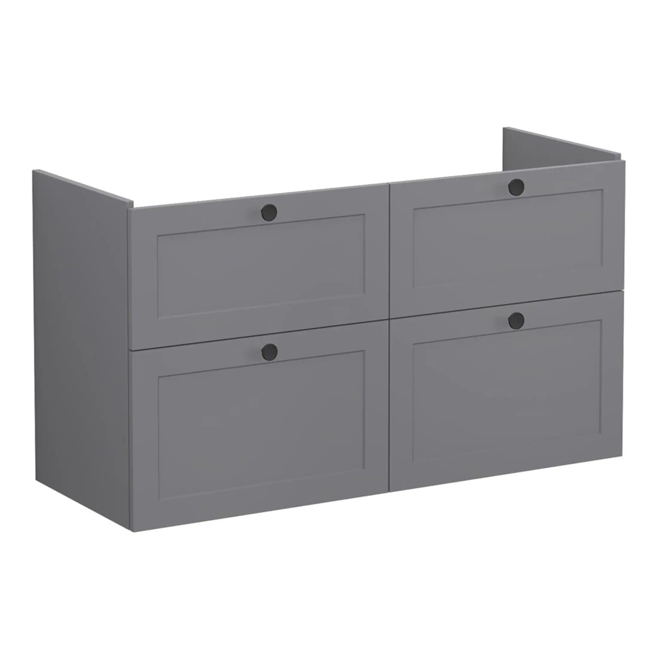 Contemporary grey bathroom storage cabinet with four drawers, ideal for organising bathroom essentials in modern bathroom designs. Perfect for a sleek and functional bathroom space.
