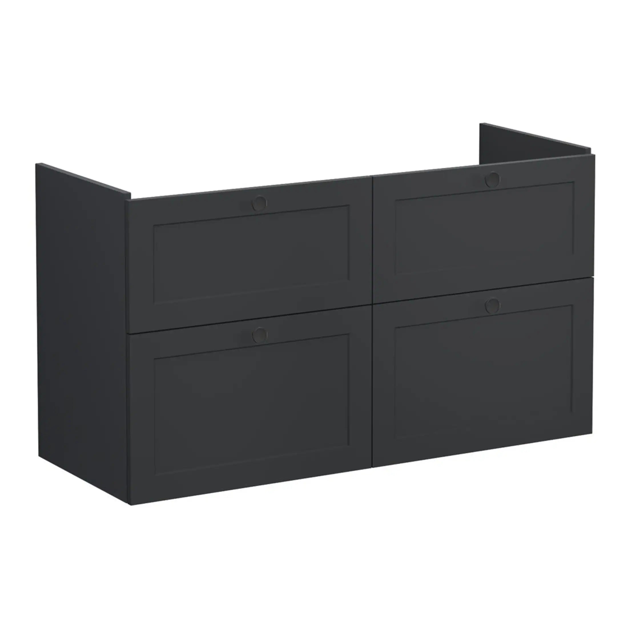 Versatile black bathroom storage cabinet with four drawers, ideal for organising toiletries and essentials in modern bathrooms. Durable and sleek design by Bubly Bathrooms.
