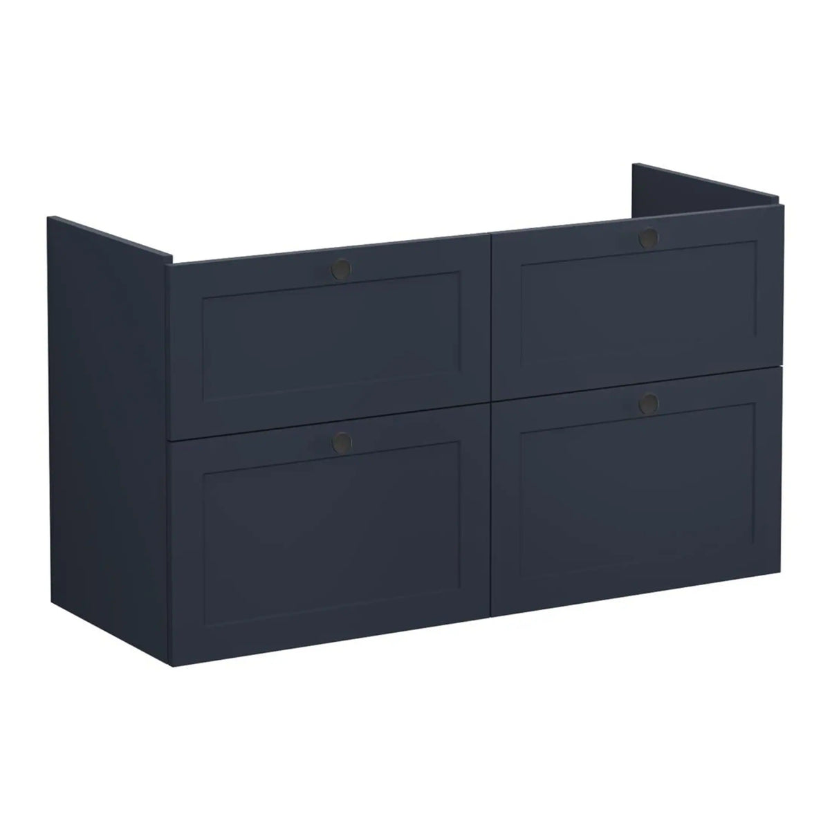 Solid navy blue bathroom storage unit with four drawers, modern design, ideal for organising toiletries and accessories. Perfect for contemporary bathrooms seeking functional style.