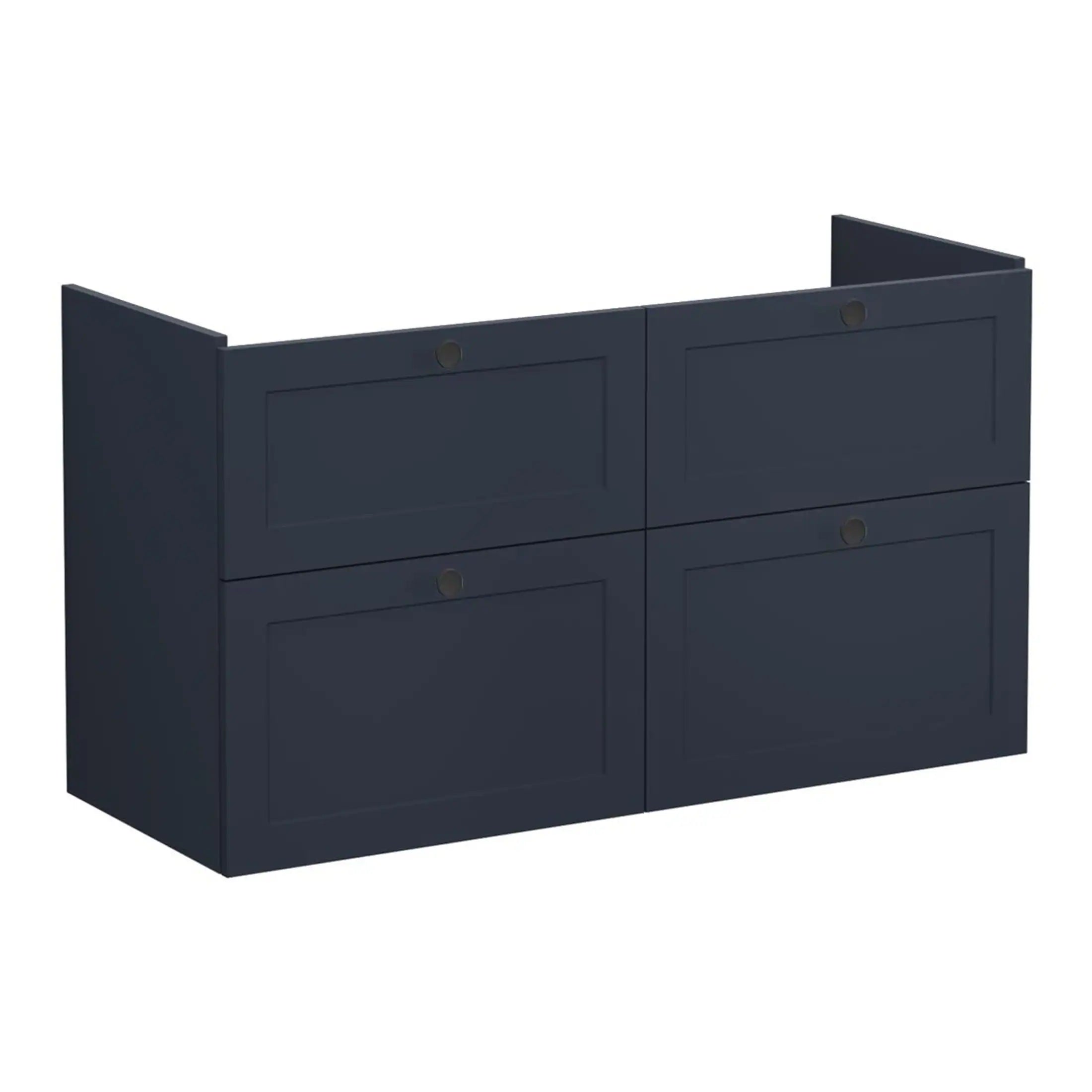 Solid navy blue bathroom storage unit with four drawers, modern design, ideal for organising toiletries and accessories. Perfect for contemporary bathrooms seeking functional style.