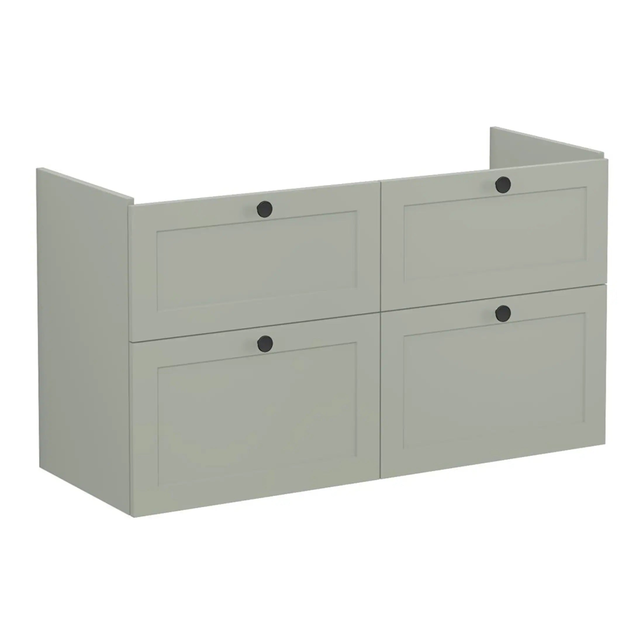 Modern grey bathroom storage cabinet with four doors and black knobs, ideal for organising bathroom essentials and enhancing bathroom decor.