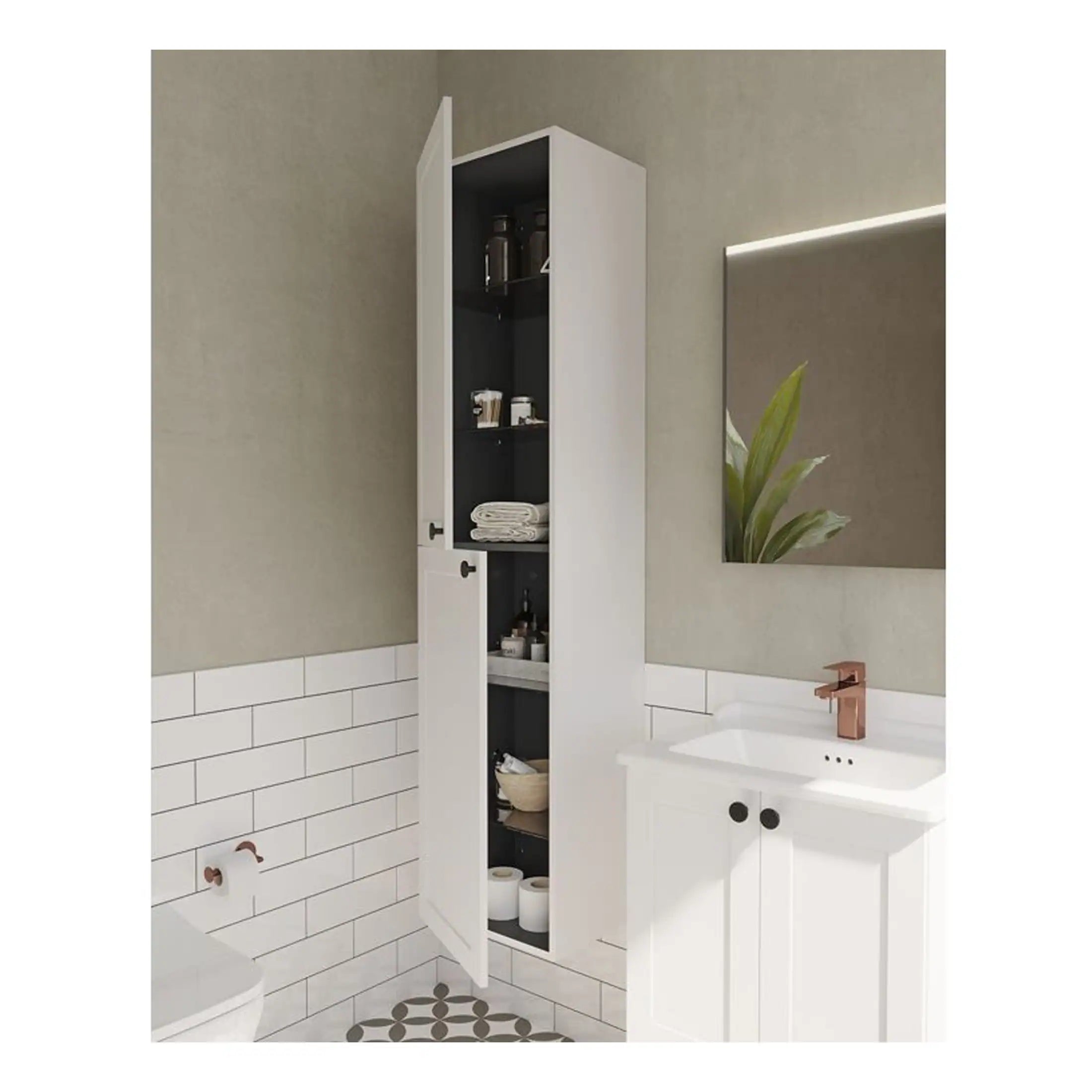 Modern bathroom storage cabinet with black interior, white exterior, open door showing neatly organised toiletries and towels, ideal for bathroom organisation and space-saving solutions.