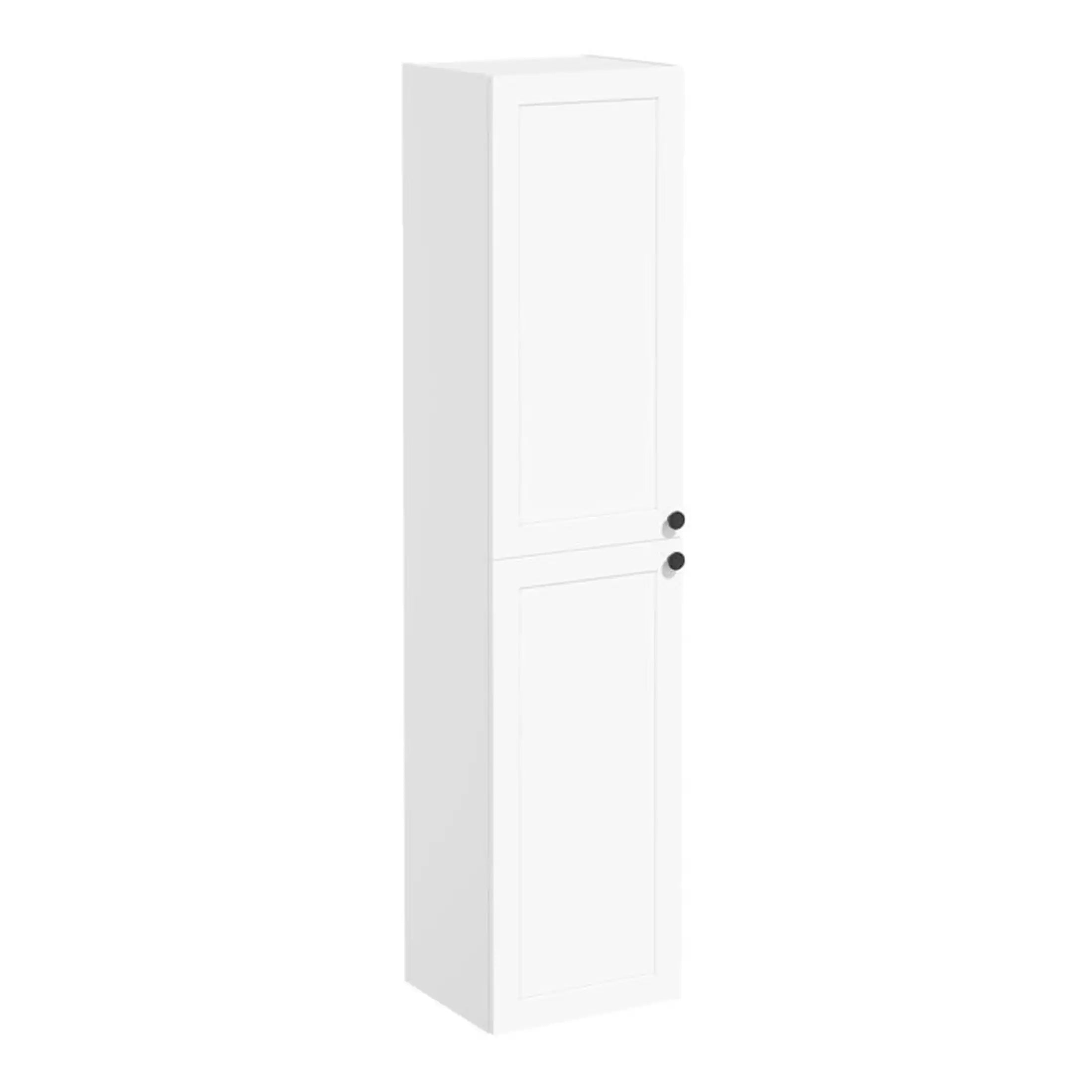 White bathroom storage cabinet with double doors, ideal for organising toiletries and bathroom essentials, part of Bubly Bathrooms collection.