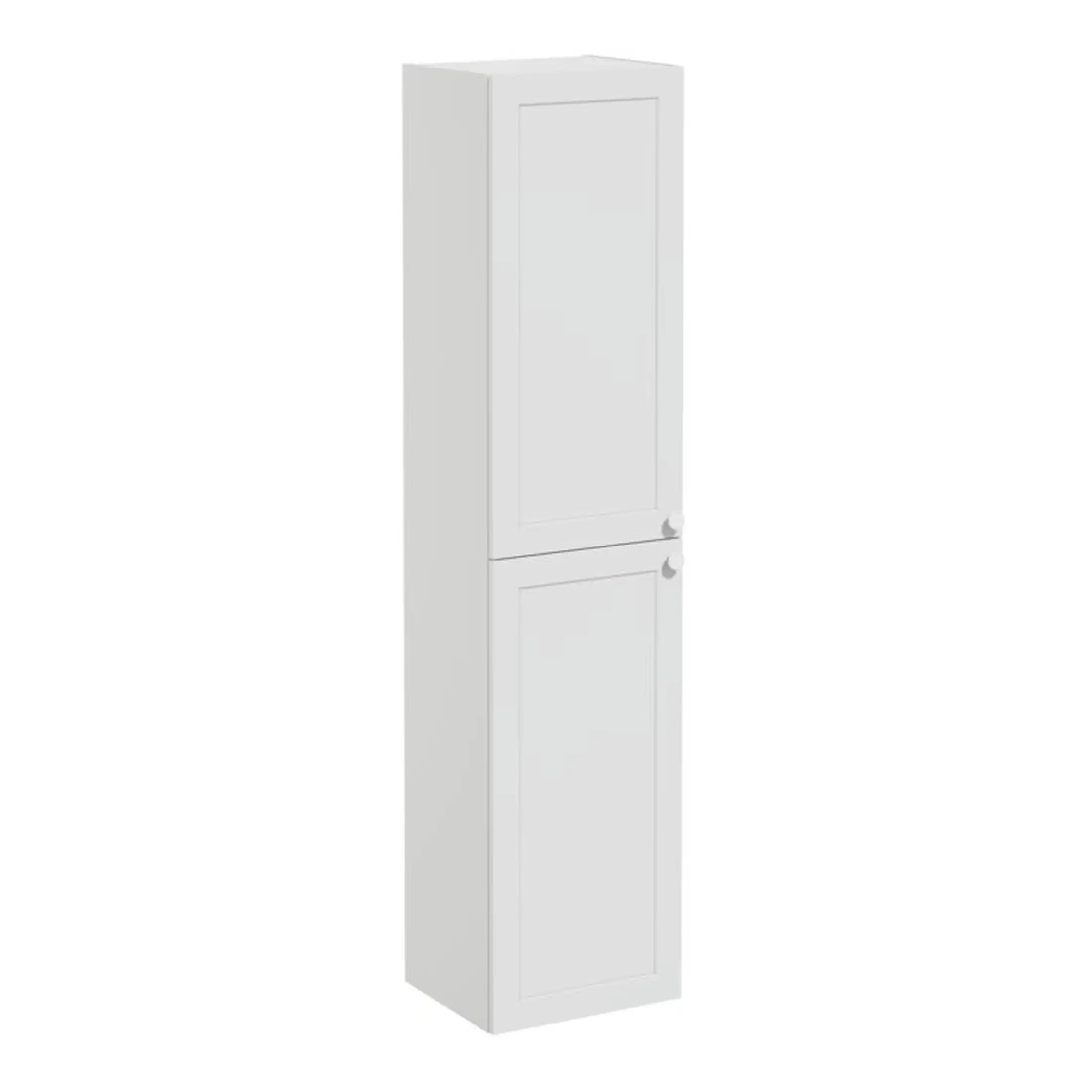White bathroom storage cabinet for bathroom organisation and space-saving solutions.