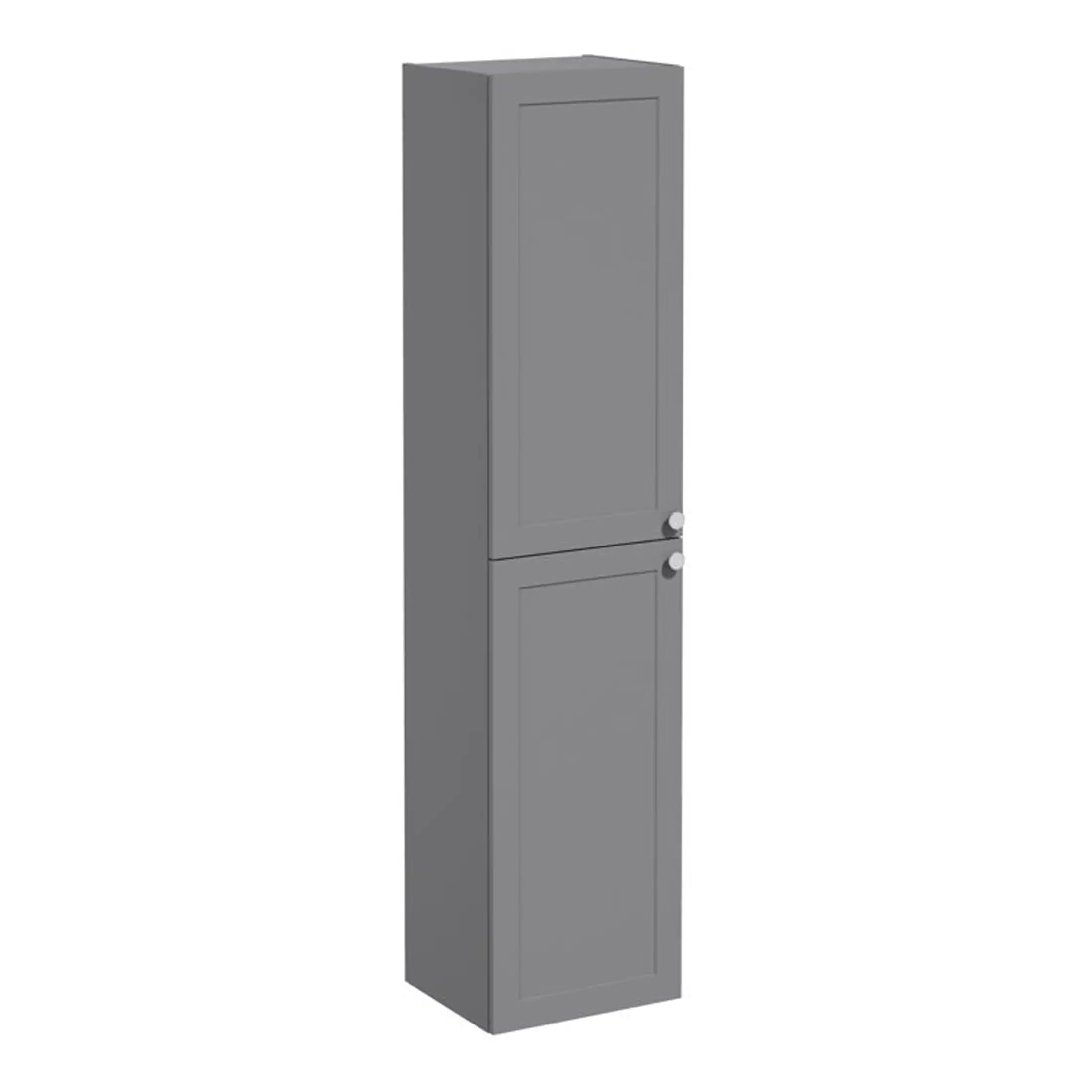 Modern grey bathroom storage cabinet with two doors, sleek design, ideal for organising bathroom essentials. Perfect for contemporary bathroom spaces and stylish storage solutions.