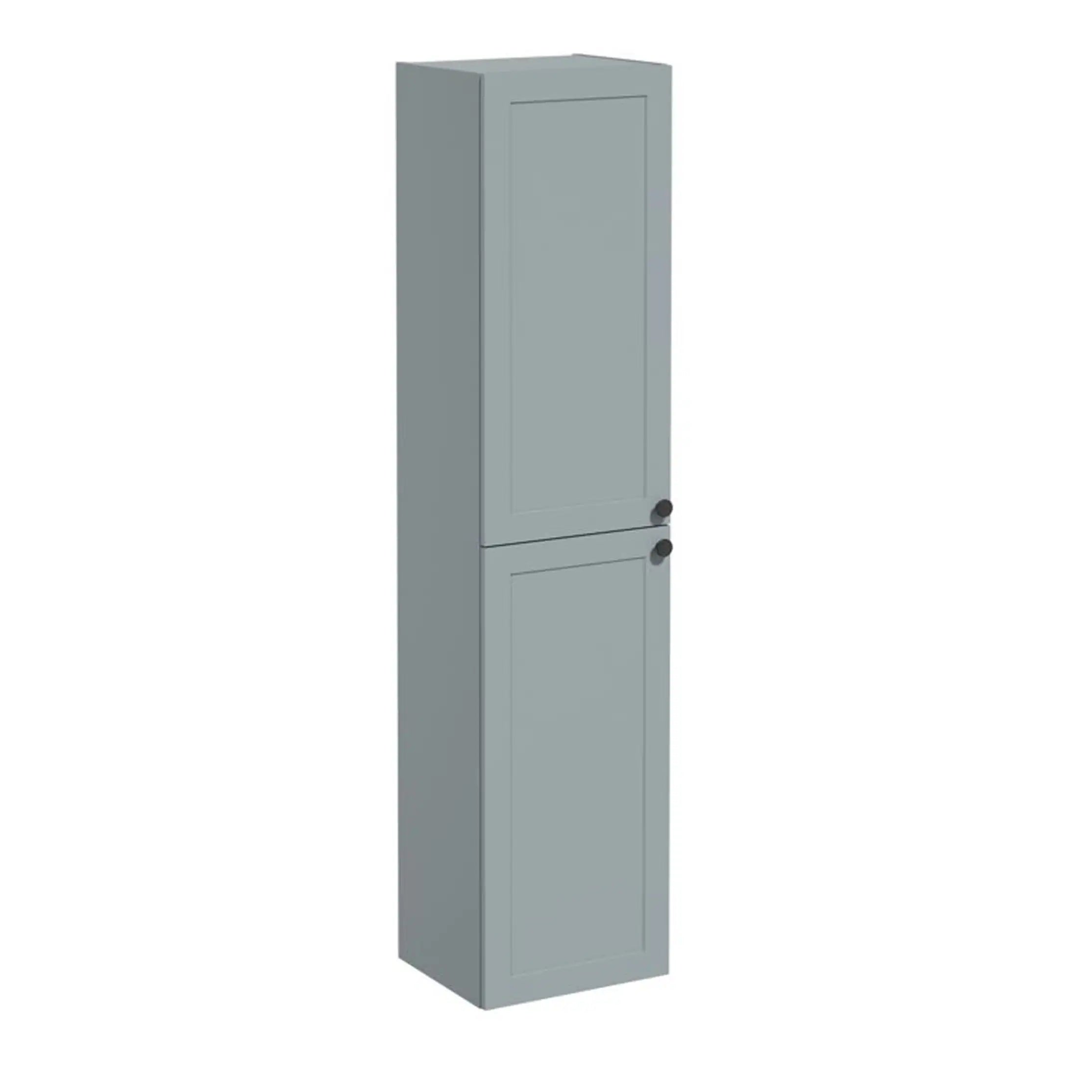 Light grey bathroom storage cabinet with two doors and black round knobs, ideal for organising toiletries and bathroom essentials. Perfect for modern bathroom decor.
