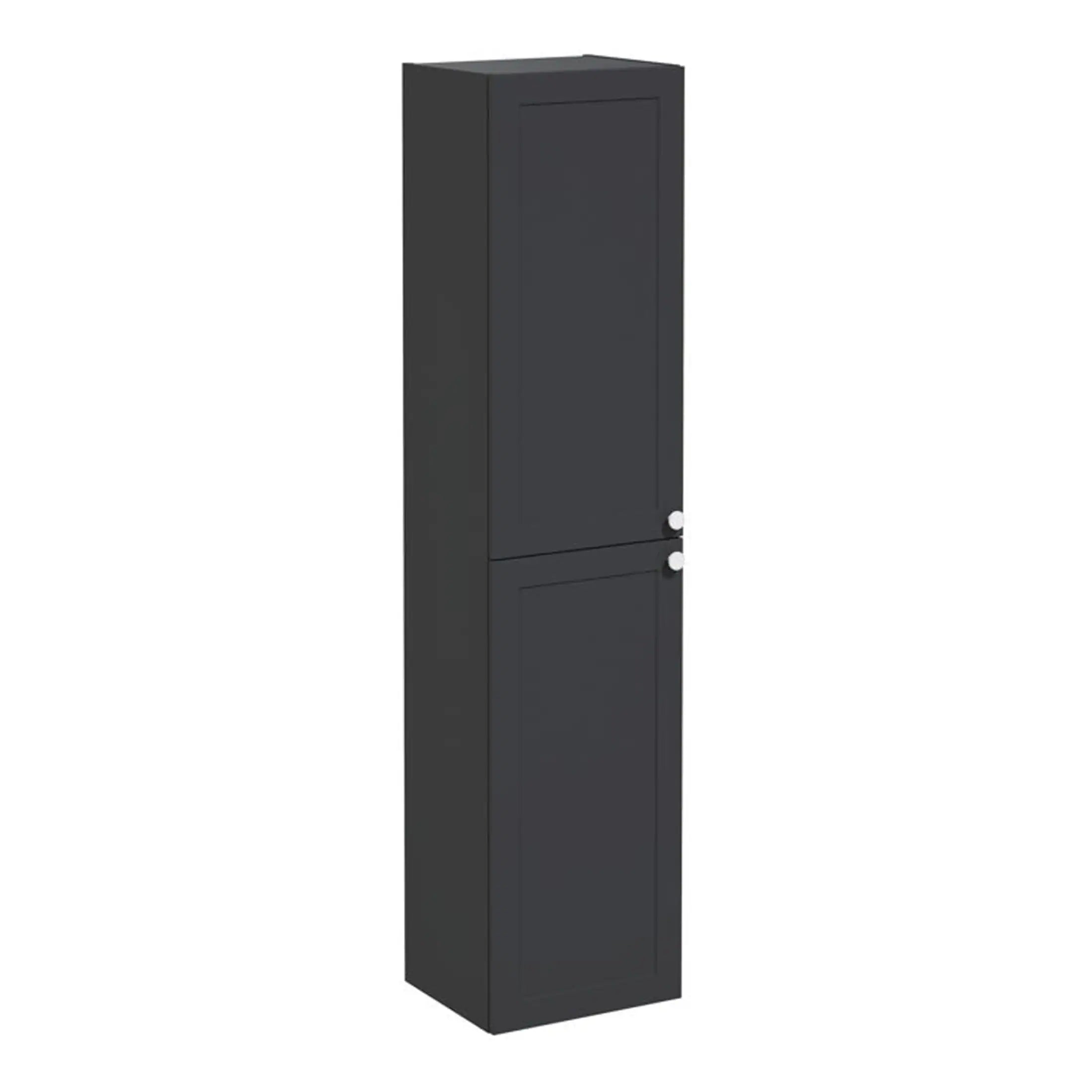 Black bathroom storage cabinet with dual doors for modern bathroom organisation and space-saving solutions. Durable finish ideal for contemporary bathroom decor.