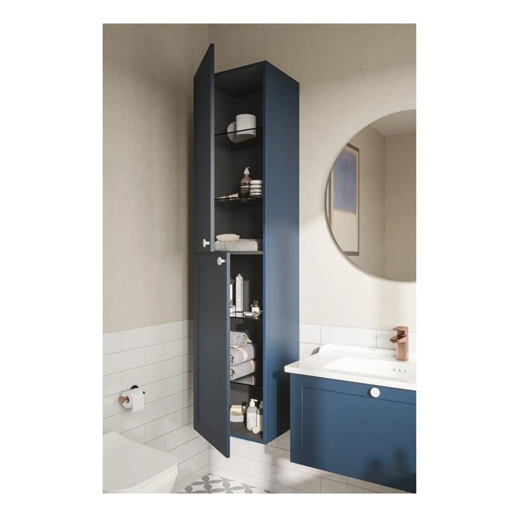 Slim blue bathroom wall cabinet with open shelves and closed storage, modern bathroom decor, organised bathroom storage, stylish bathroom furniture, Bubly Bathrooms UK.
