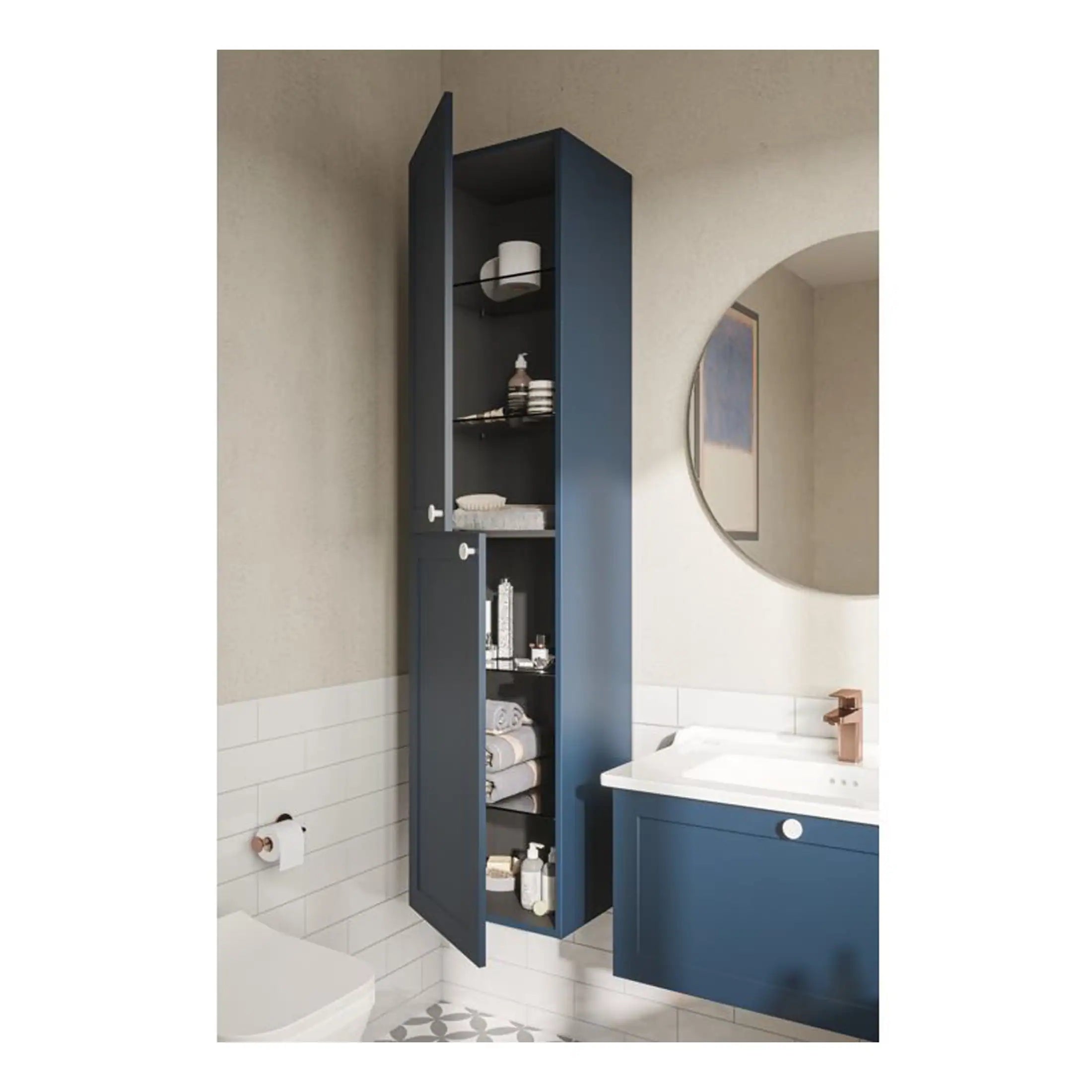 Slim blue bathroom wall cabinet with open shelves and closed storage, modern bathroom decor, organised bathroom storage, stylish bathroom furniture, Bubly Bathrooms UK.